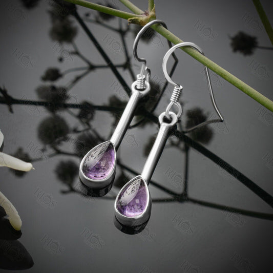 Handmade Natural Amethyst Long Earrings 925 Sterling Silver Dangle Drop Stick