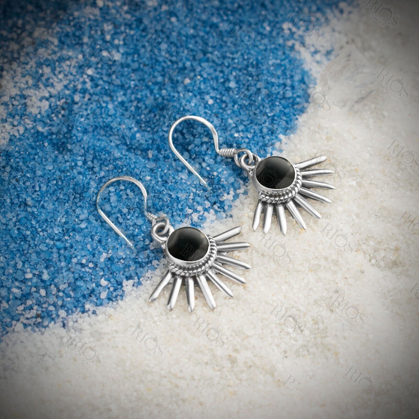 Rios London 925 Sterling Silver Black Onyx Gothic Spiky Earrings - Gift Boxed