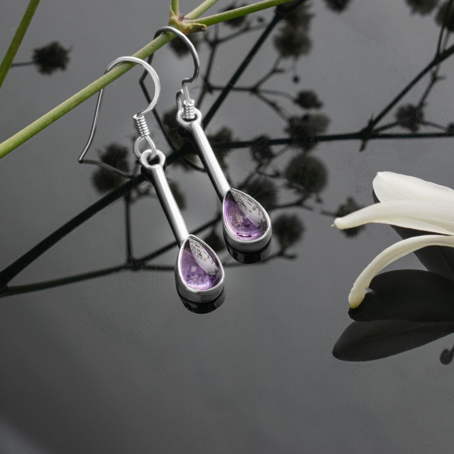 Handmade Natural Amethyst Long Earrings 925 Sterling Silver Dangle Drop Stick