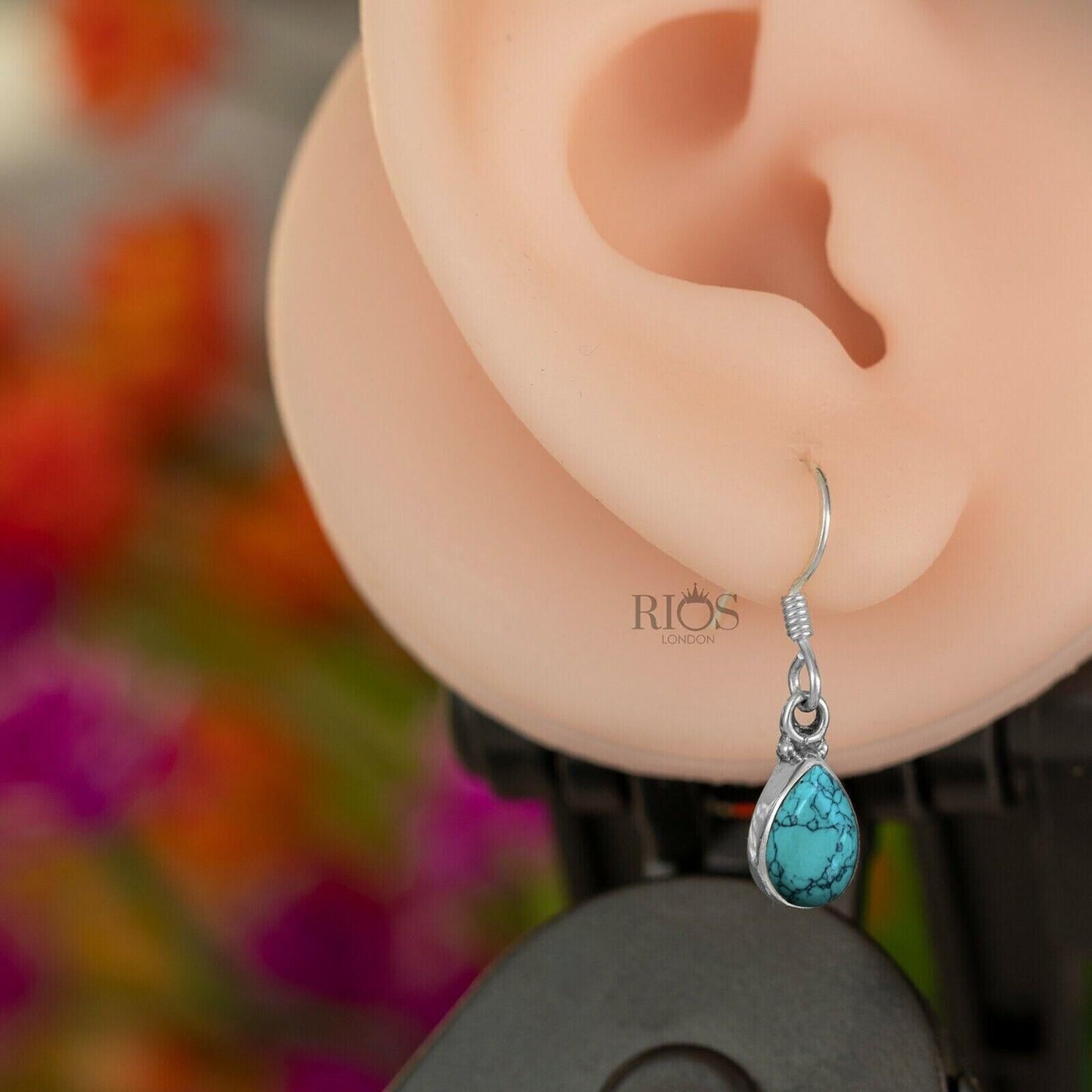 925 Sterling Silver Natural Turquoise Earrings Dangle Hook Teardrop Gift Boxed