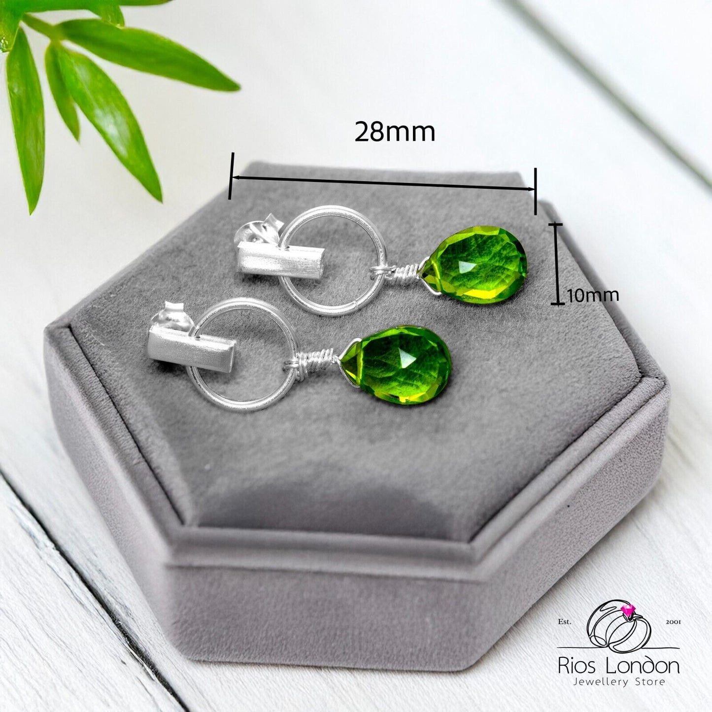 925 Silver Mini Hoop Peridot Earrings Olive Green Teardrop, Hypoallergenic Boxed