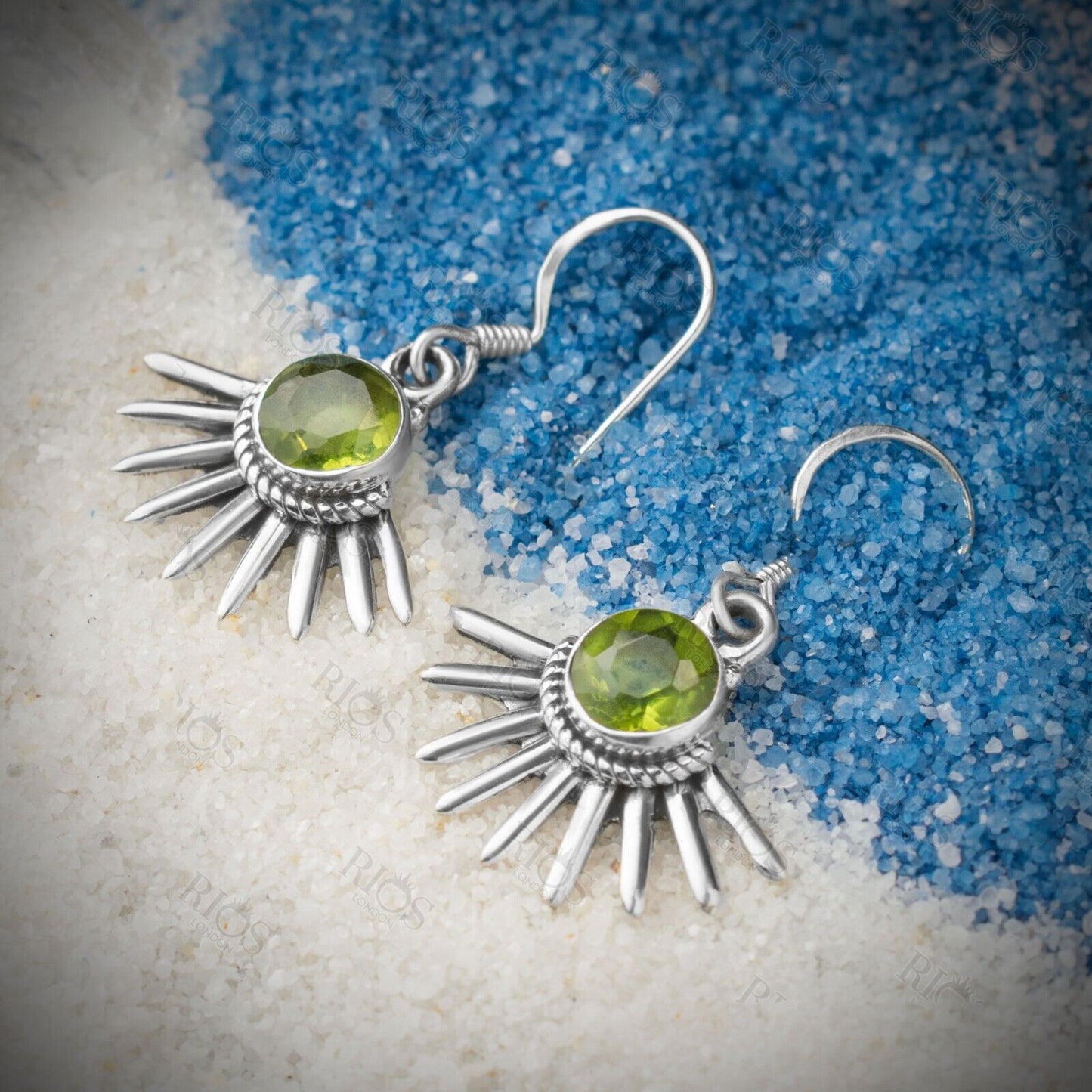 925 Sterling Silver Natural Peridot Olive Green Gothic Spiky Earrings Gift Boxed