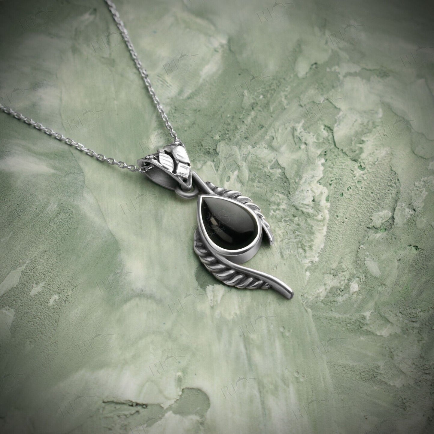 Handmade 925 Sterling Silver Leaf Onyx Necklace Black Gemstone Gift Boxed