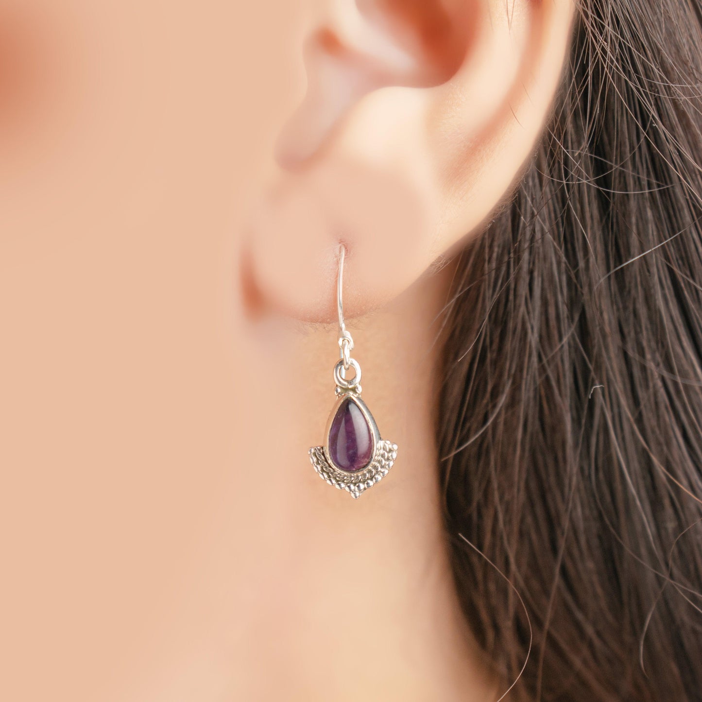 925 Sterling Silver Amethyst Dangle Earrings Hook Ear Tear Drop Studs Gift Boxed