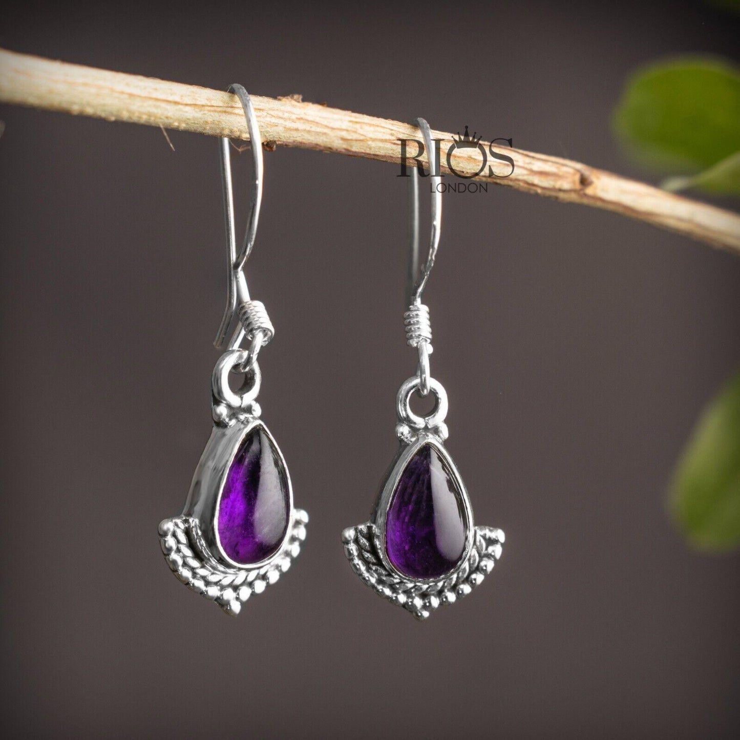 925 Sterling Silver Amethyst Dangle Earrings Hook Ear Tear Drop Studs Gift Boxed