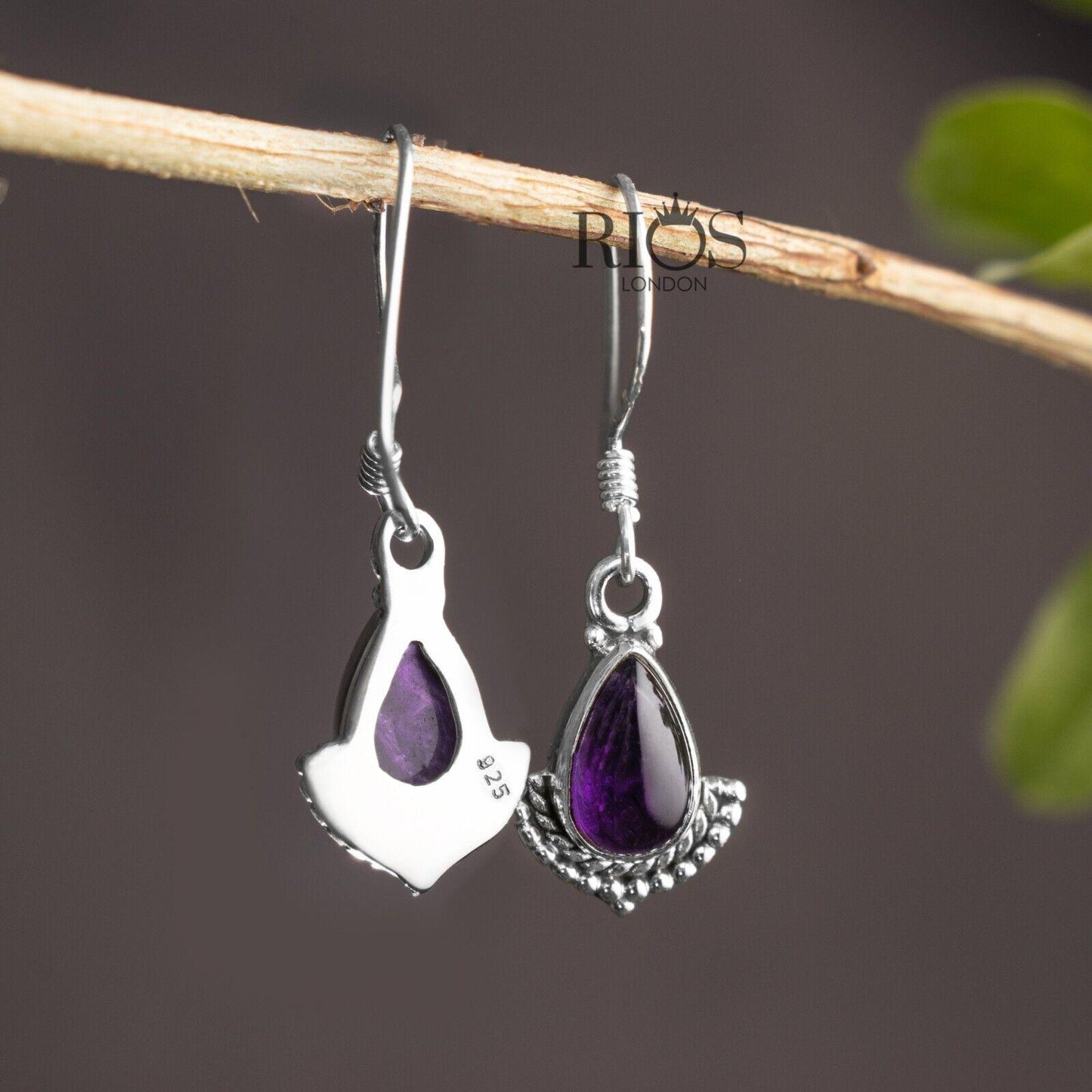 925 Sterling Silver Amethyst Dangle Earrings Hook Ear Tear Drop Studs Gift Boxed