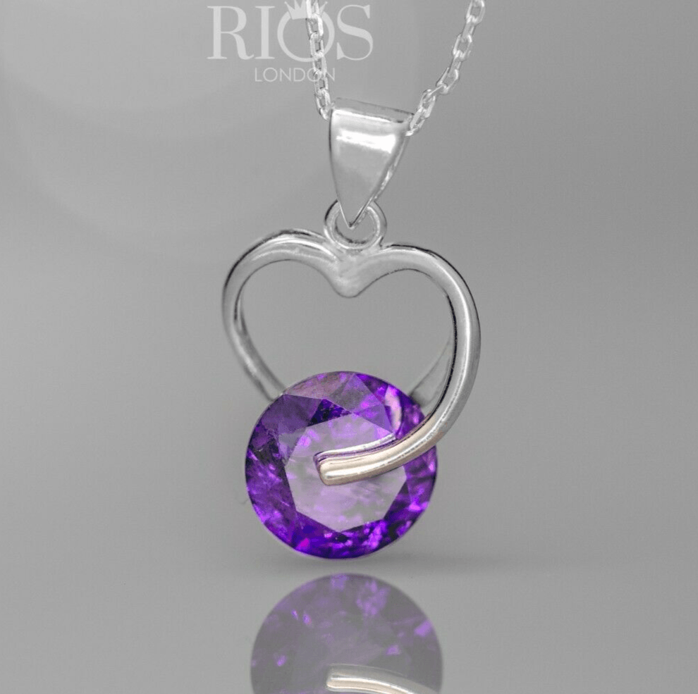 925 Sterling Silver Amethyst Purple Lab Created Gemstone Heart Necklace Boxed - Rios London