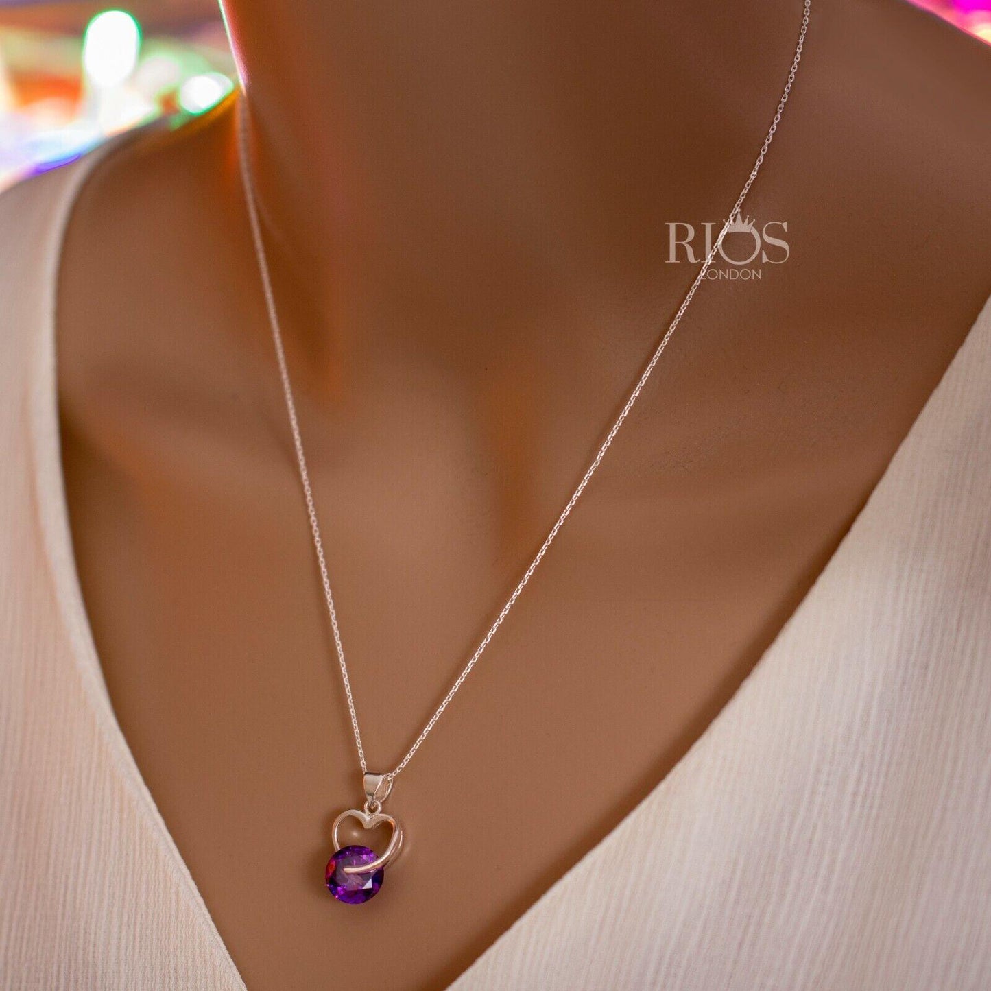 925 Sterling Silver Amethyst Purple Lab Created Gemstone Heart Necklace Boxed - Rios London