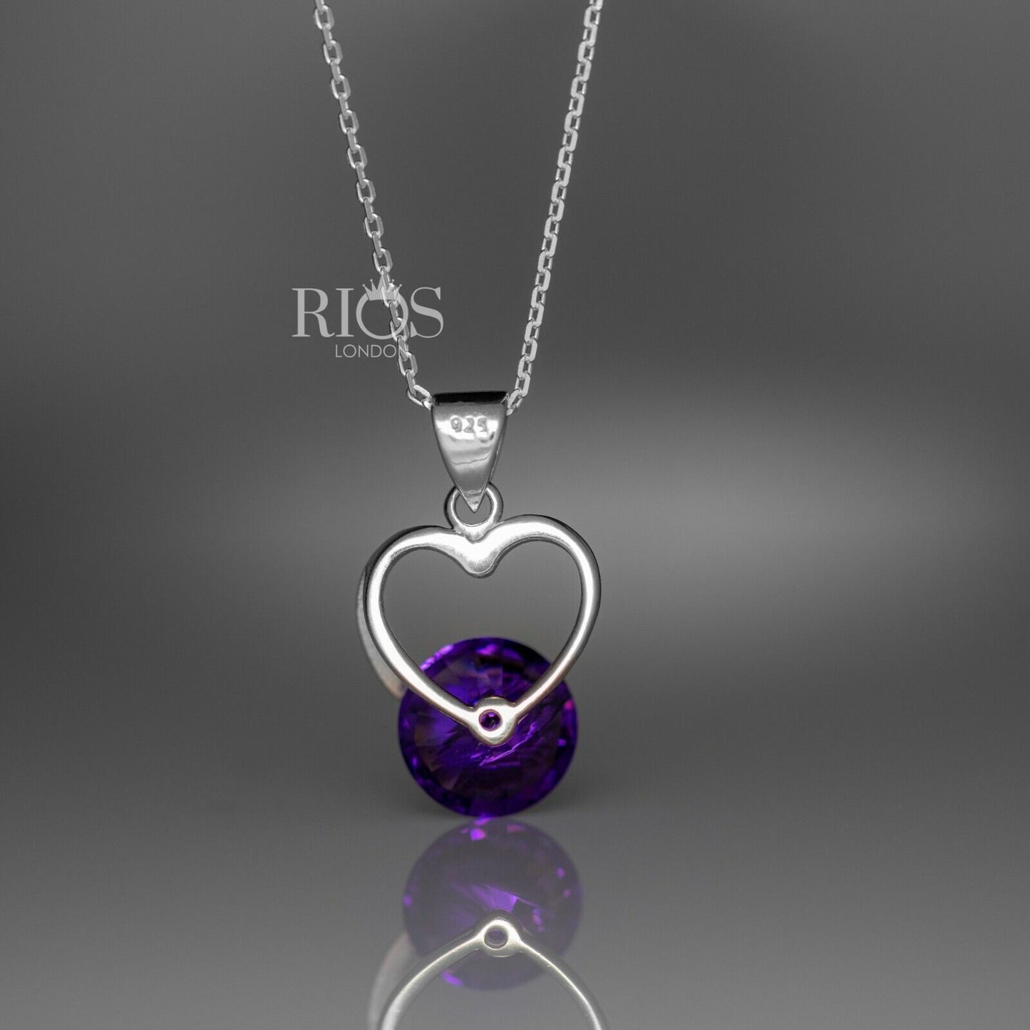 925 Sterling Silver Amethyst Purple Lab Created Gemstone Heart Necklace Boxed