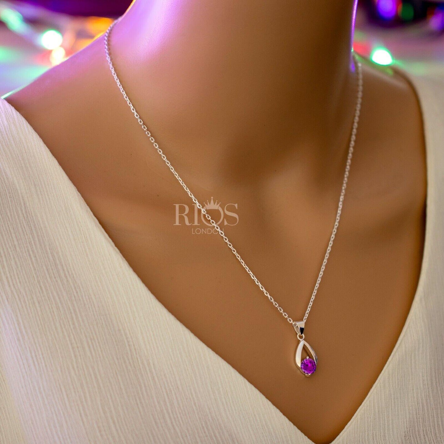 925 Sterling Silver Amethyst Purple Lab-Created Gemstone Necklace Gift Boxed - Rios London
