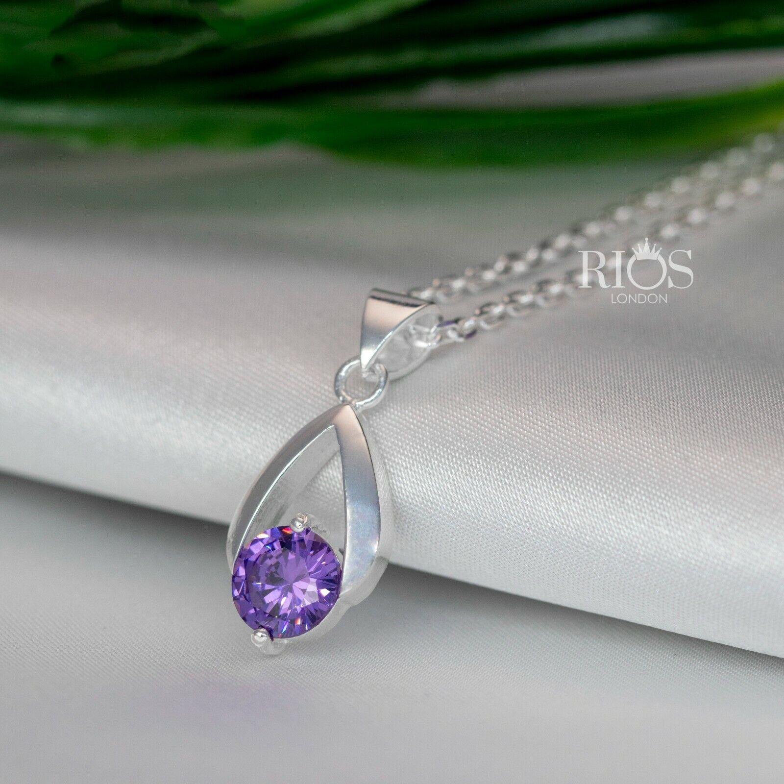 925 Sterling Silver Amethyst Purple Lab-Created Gemstone Necklace Gift Boxed - Rios London