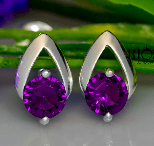 925 Sterling Silver Amethyst Purple Lab-Created Gemstone Studs Earrings Boxed - Rios London
