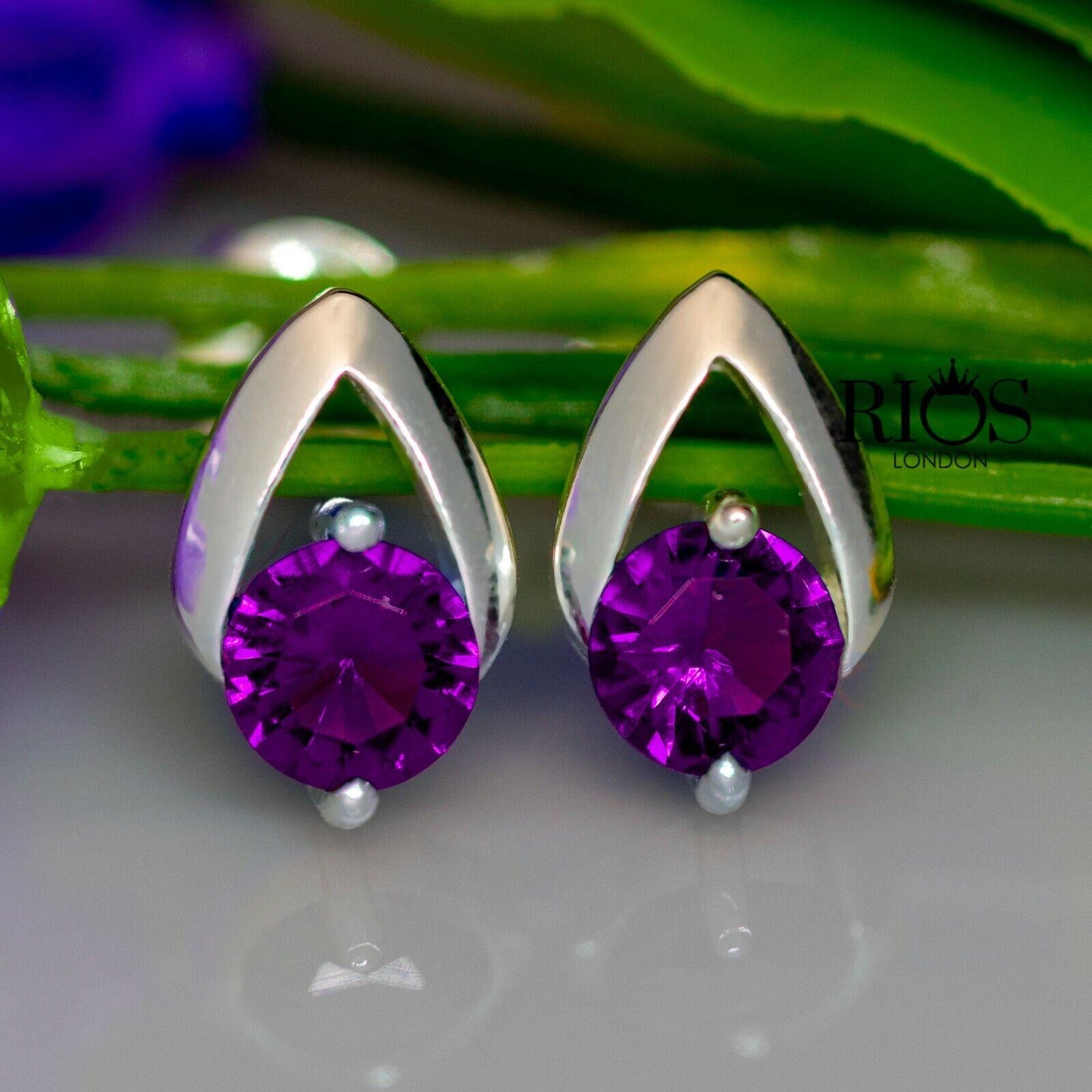925 Sterling Silver Amethyst Purple Lab-Created Gemstone Studs Earrings Boxed - Rios London
