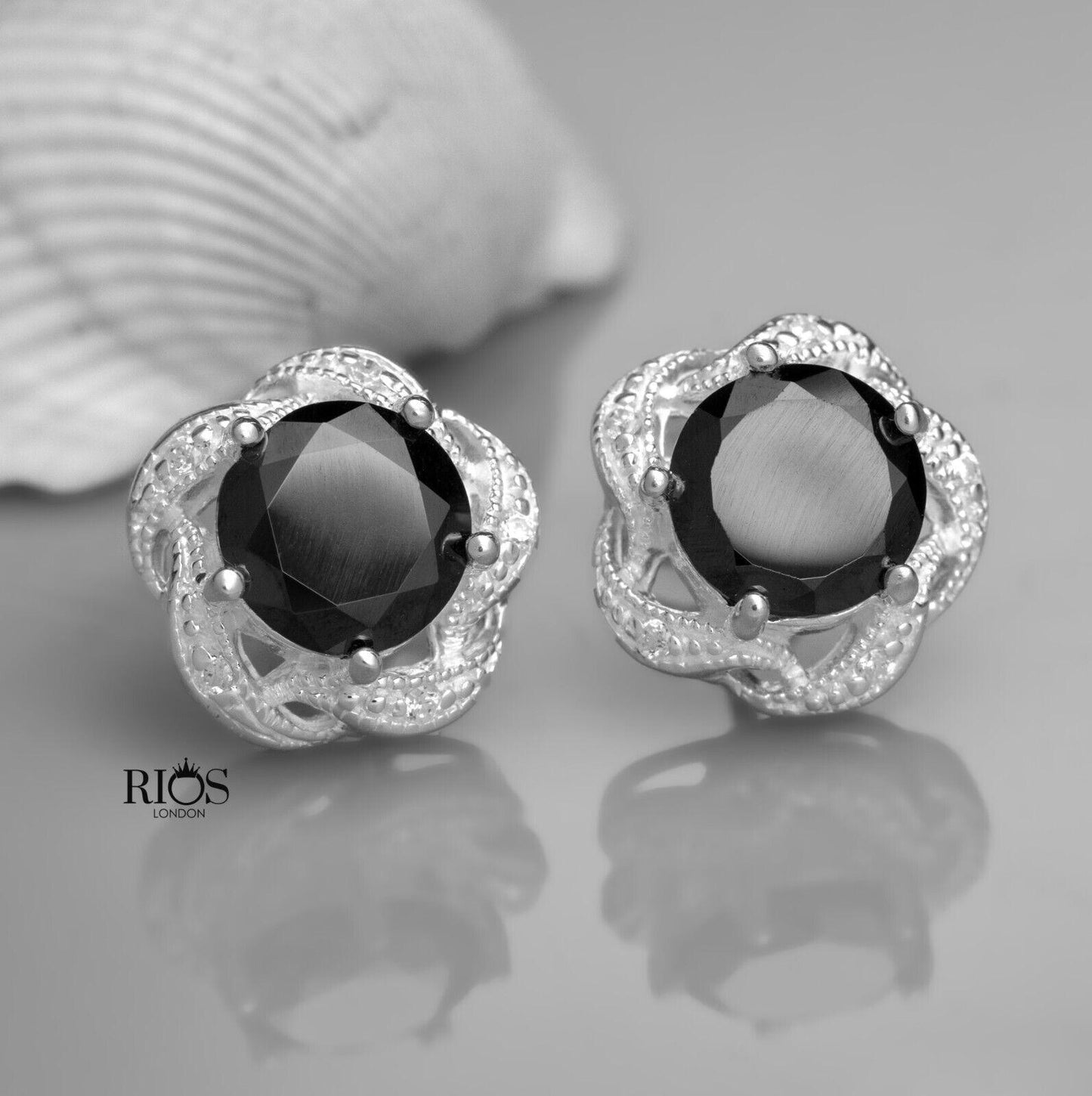 925 Sterling Silver Black Onyx Lab-Created Gemstone Studs Earrings Gift Boxed - Rios London