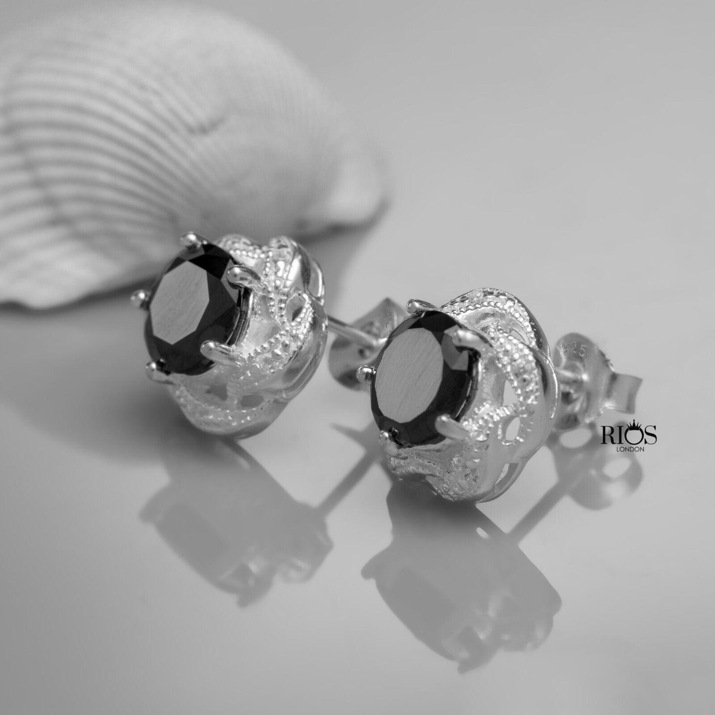 925 Sterling Silver Black Onyx Lab-Created Gemstone Studs Earrings Gift Boxed - Rios London