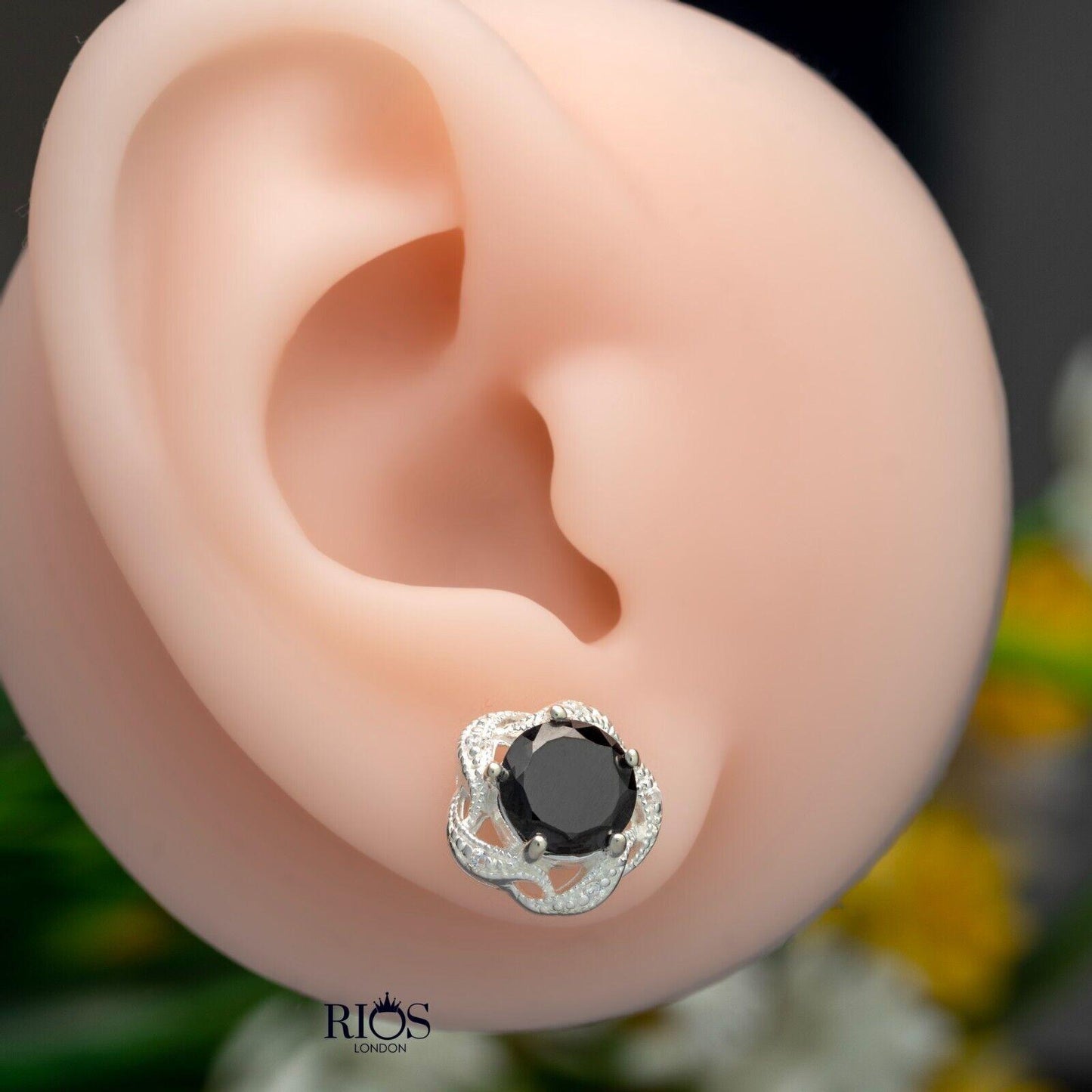925 Sterling Silver Black Onyx Lab-Created Gemstone Studs Earrings Gift Boxed - Rios London