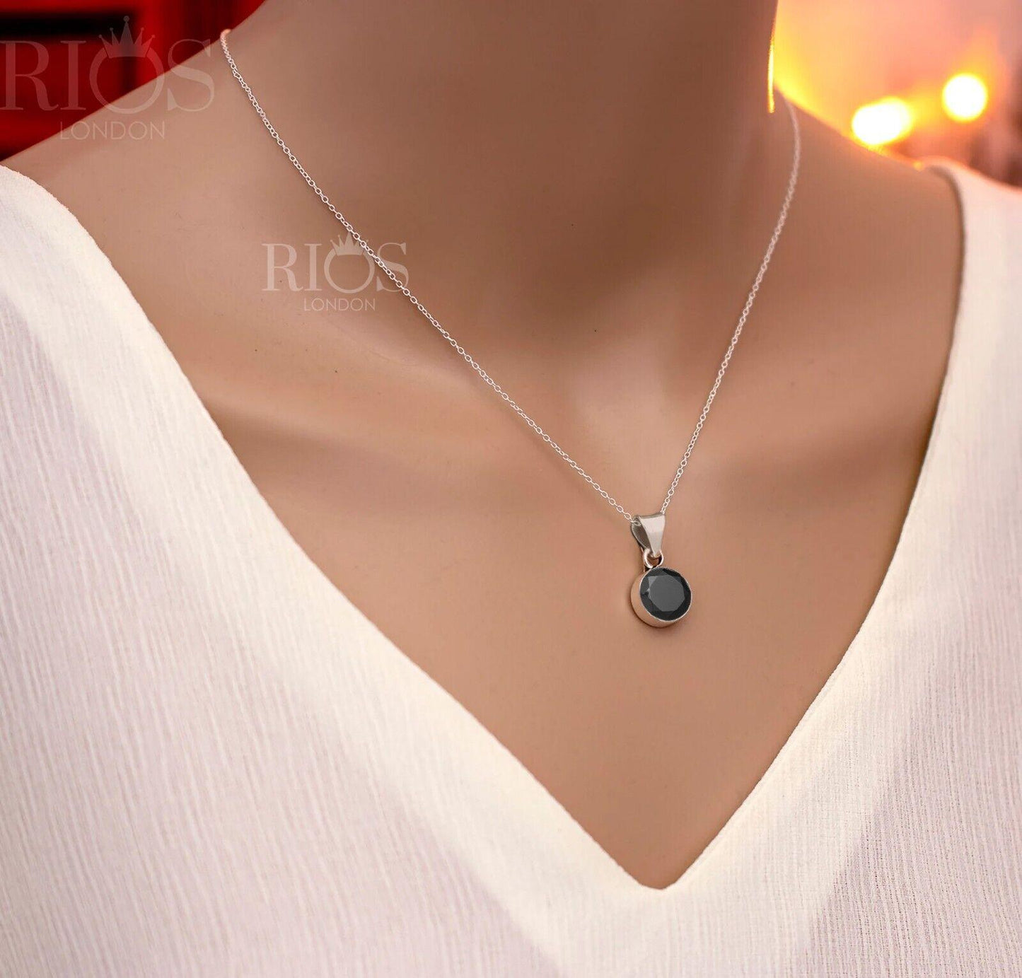 925 Sterling Silver Black ONYX Round Gemstone Pendant Necklace Gift Boxed - Rios London