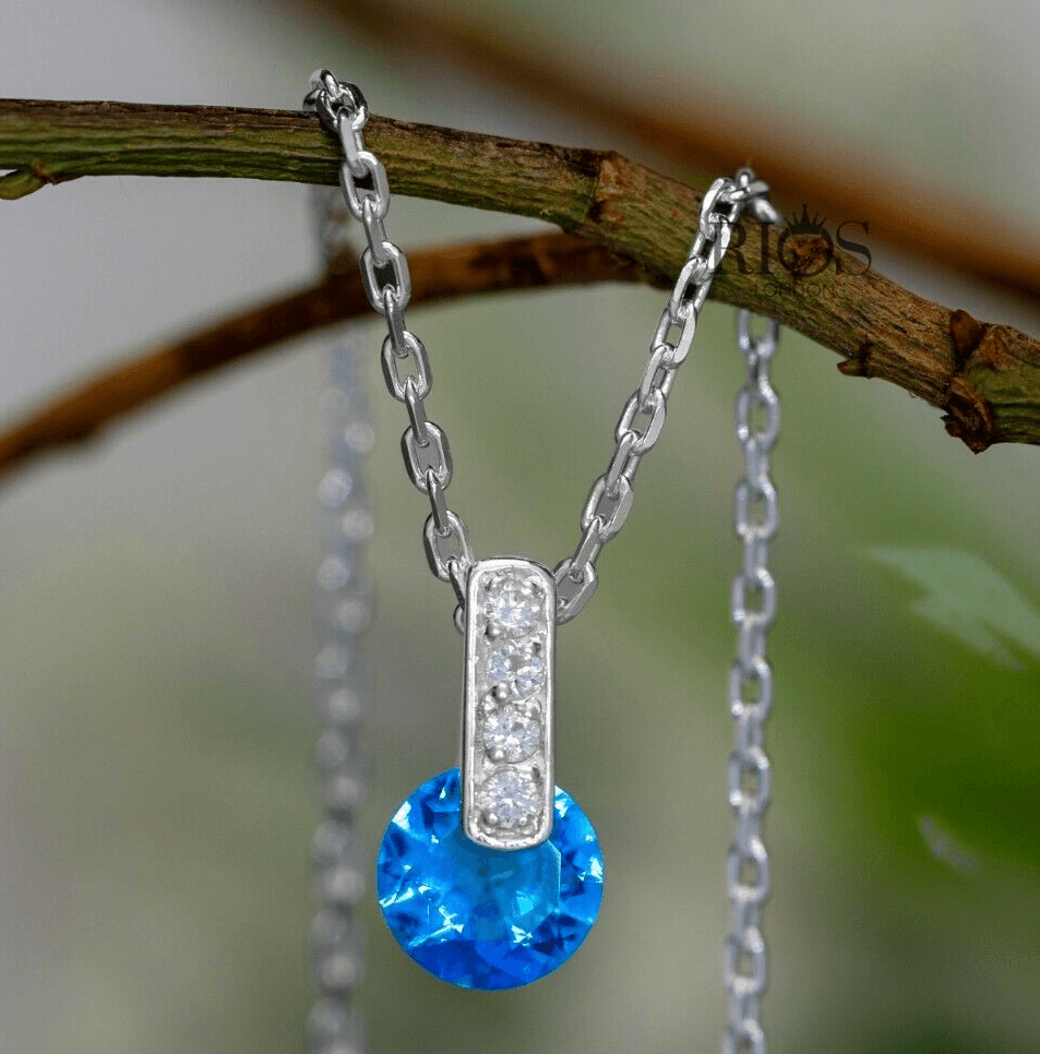 925 Sterling Silver Blue Topaz Round Lab-Created Gemstone Necklace Gift Boxed - Rios London