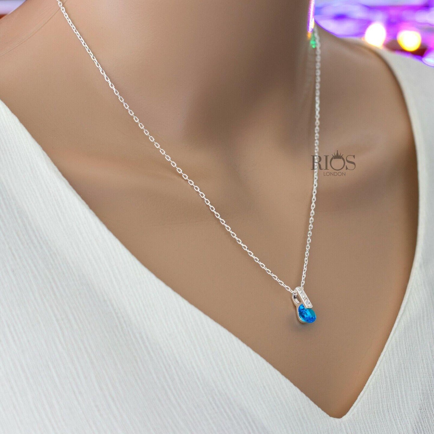 925 Sterling Silver Blue Topaz Round Lab-Created Gemstone Necklace Gift Boxed - Rios London