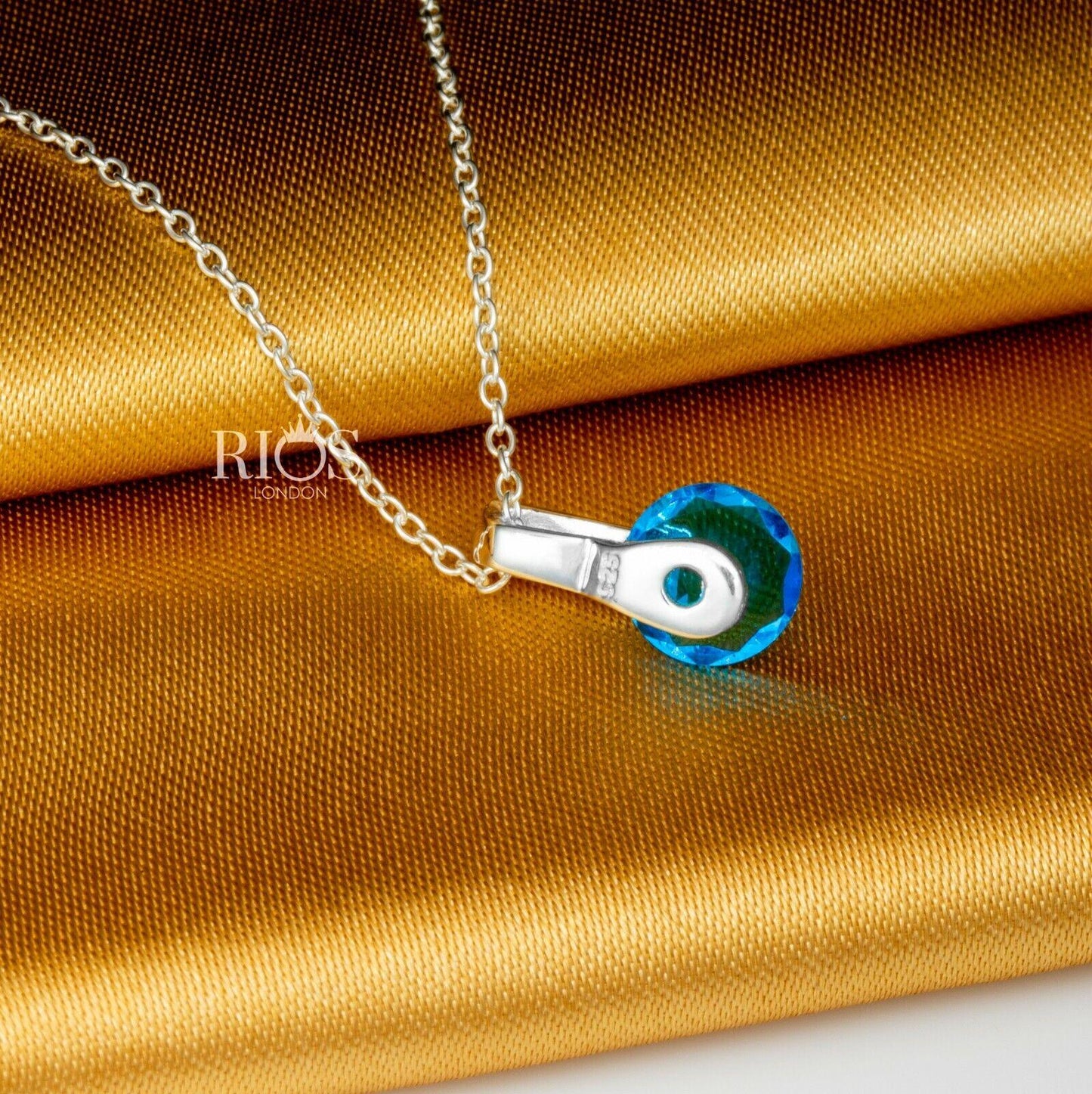 925 Sterling Silver Blue Topaz Round Lab-Created Gemstone Necklace Gift Boxed - Rios London