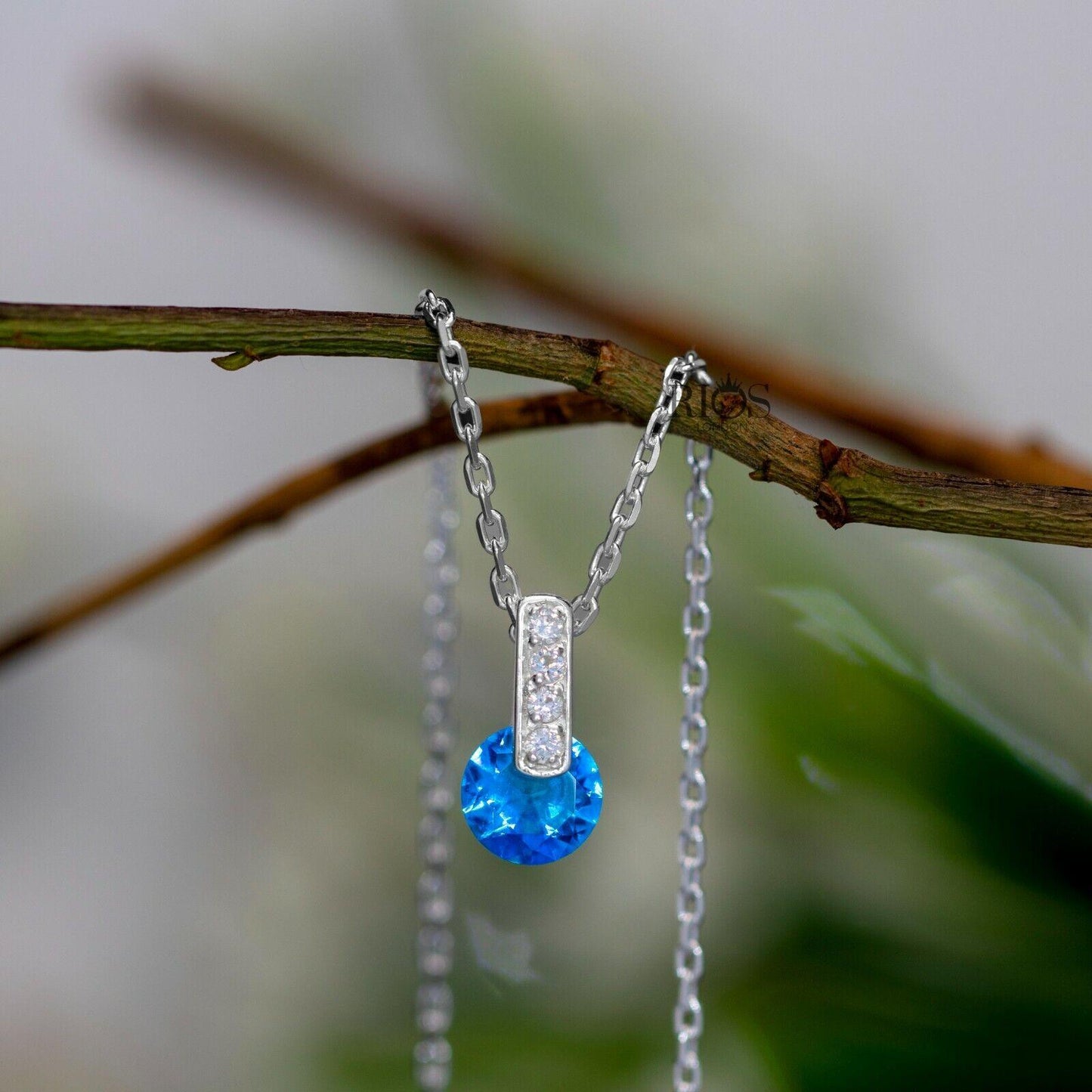 925 Sterling Silver Blue Topaz Round Lab-Created Gemstone Necklace Gift Boxed - Rios London