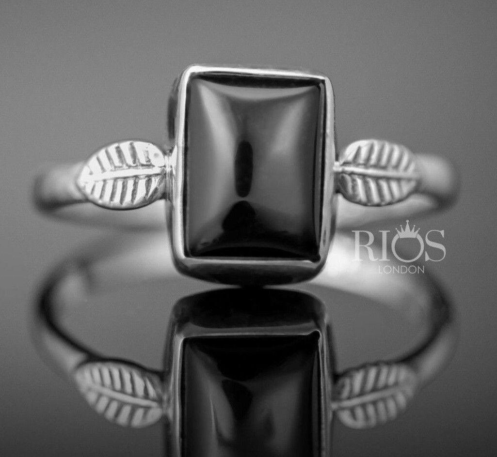 925 Sterling Silver Cabochon Natural Onyx Black Cushion Gemstone Ring Gift Boxed