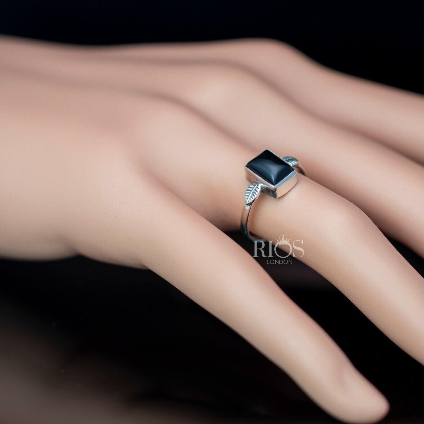 925 Sterling Silver Cabochon Natural Onyx Black Cushion Gemstone Ring Gift Boxed