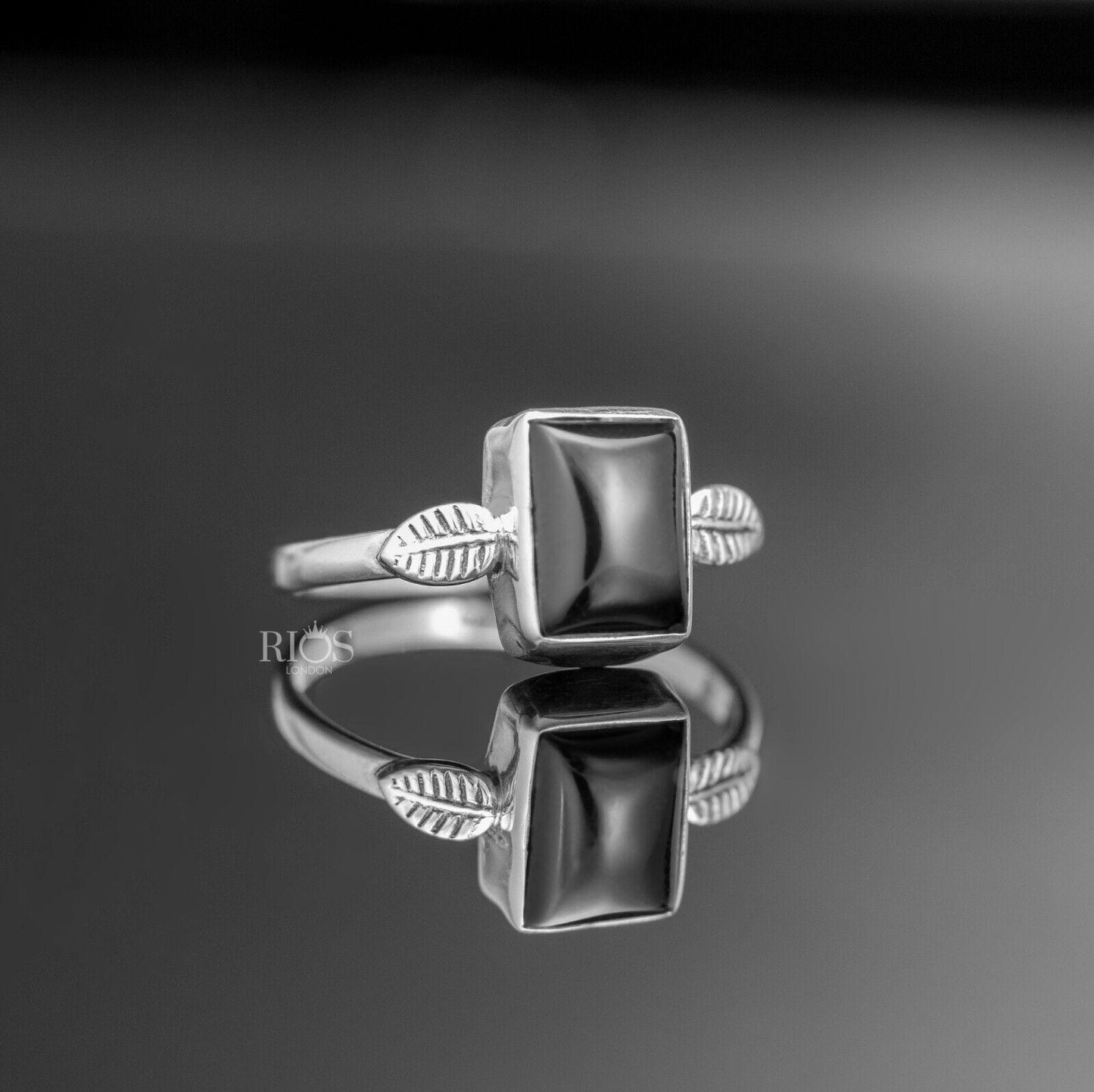925 Sterling Silver Cabochon Natural Onyx Black Cushion Gemstone Ring Gift Boxed