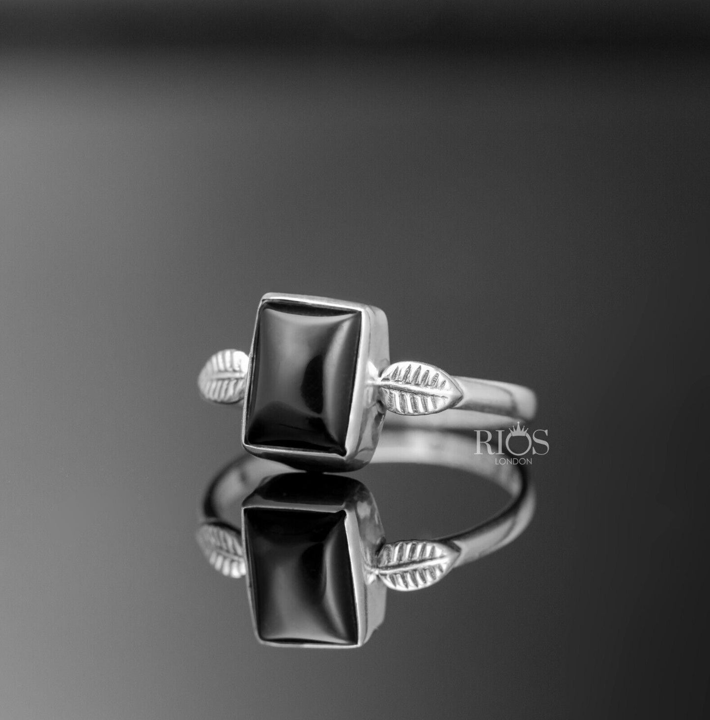 925 Sterling Silver Cabochon Natural Onyx Black Cushion Gemstone Ring Gift Boxed
