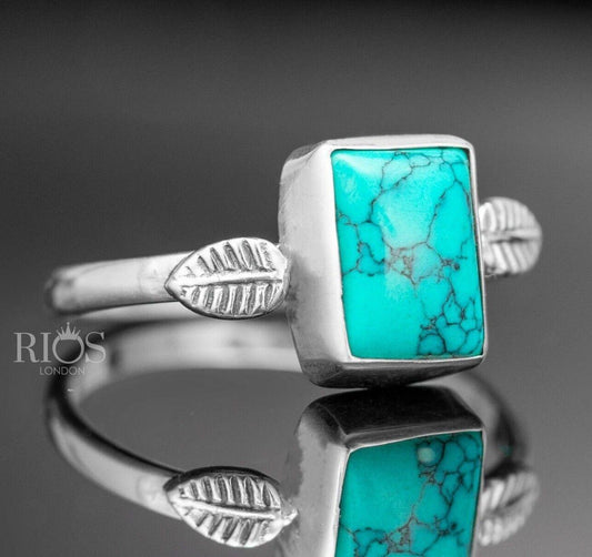 925 Sterling Silver Cabochon Natural Turquoise Cushion Gemstone Ring Gift Boxed