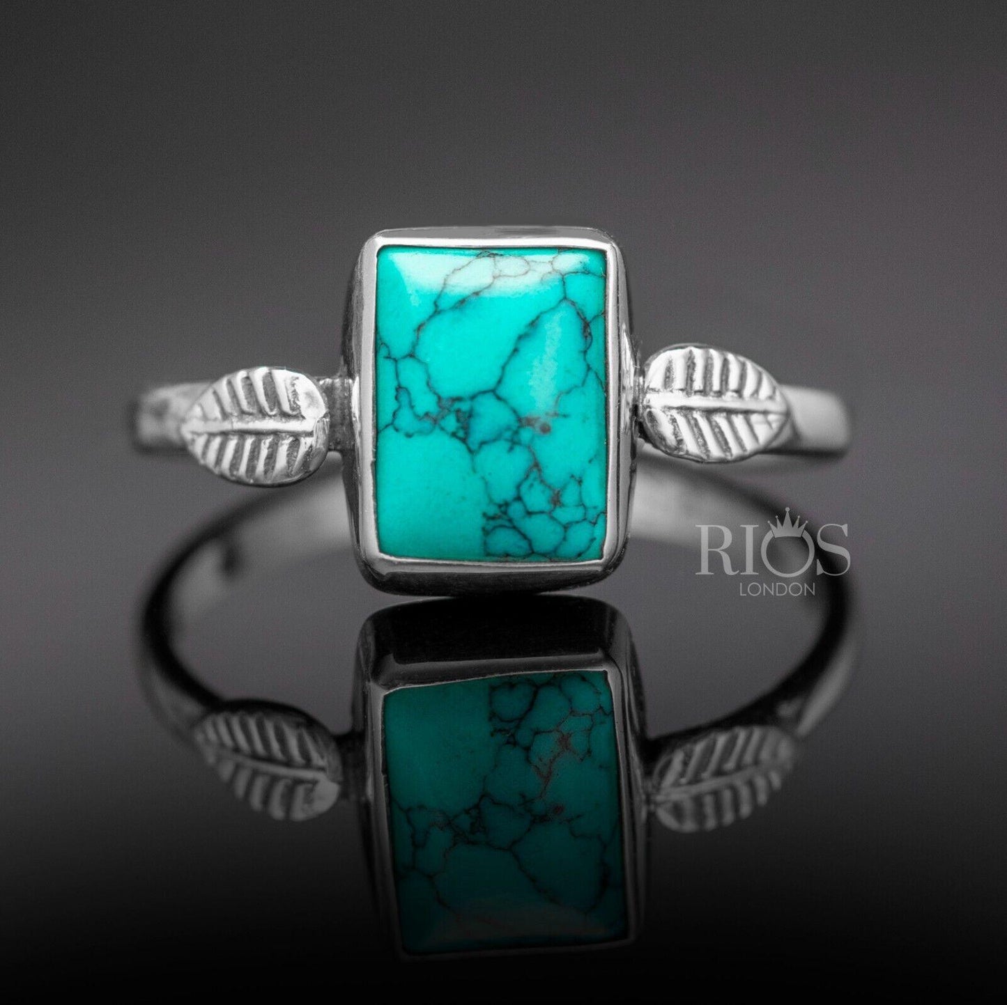 925 Sterling Silver Cabochon Natural Turquoise Cushion Gemstone Ring Gift Boxed