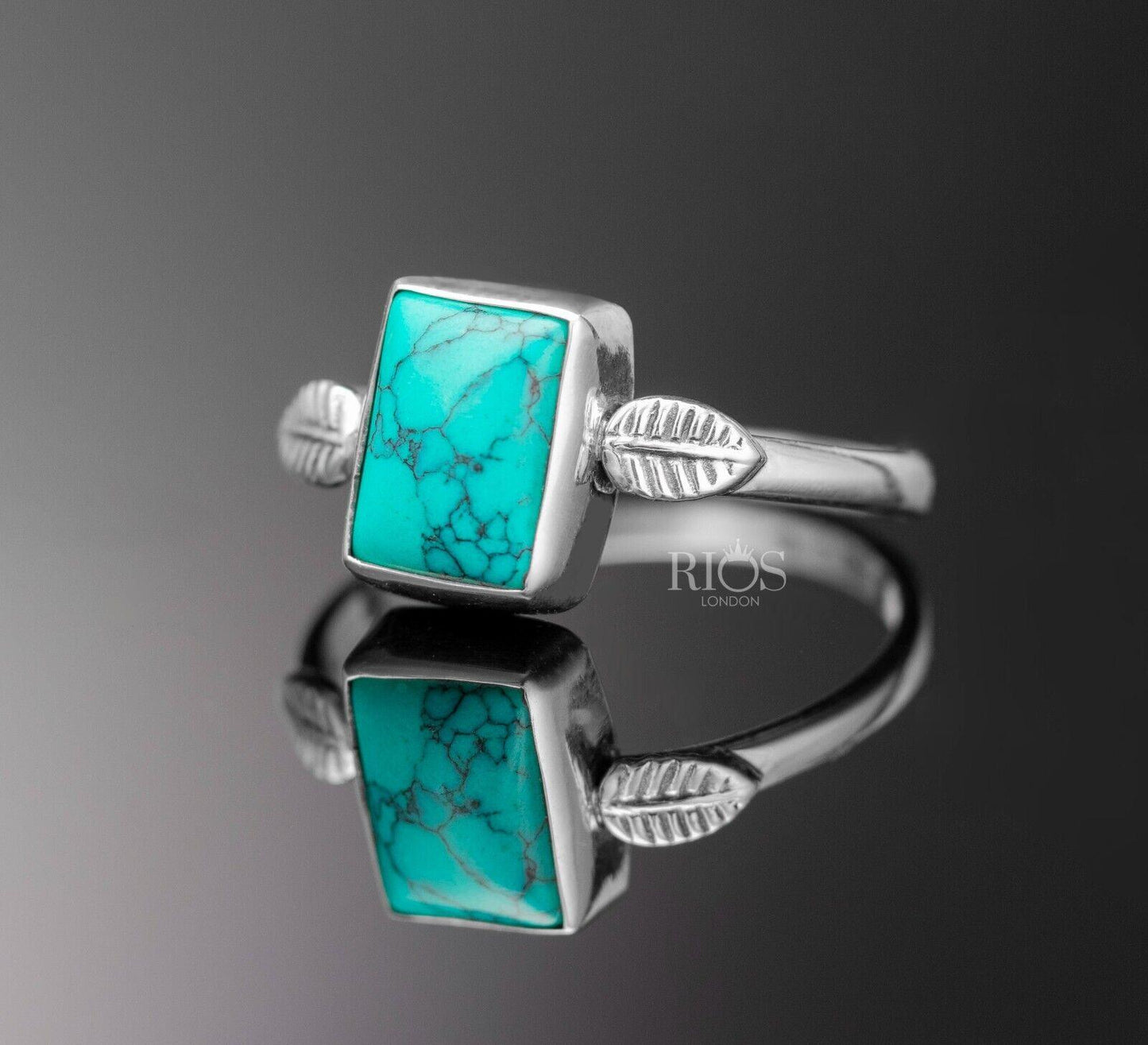 925 Sterling Silver Cabochon Natural Turquoise Cushion Gemstone Ring Gift Boxed