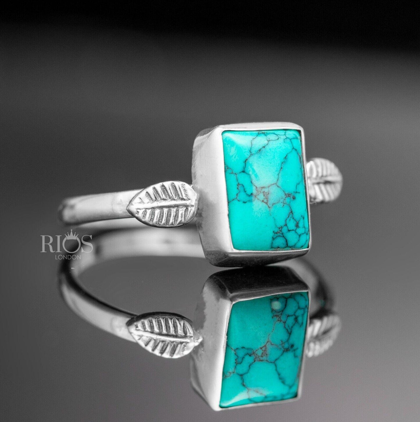 925 Sterling Silver Cabochon Natural Turquoise Cushion Gemstone Ring Gift Boxed