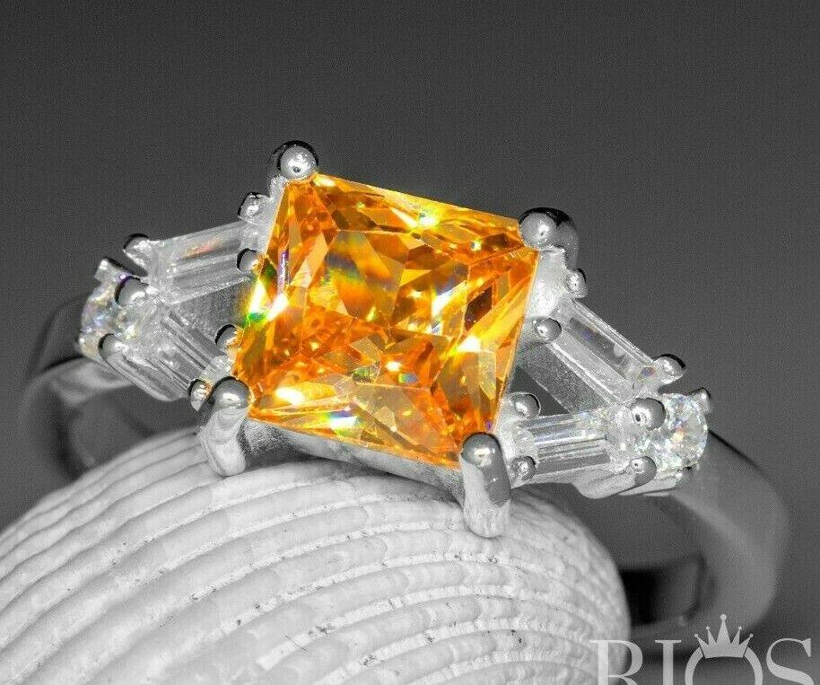 925 Sterling Silver Citrine Cushion Lab-Created Gemstone Ring Gift Boxed