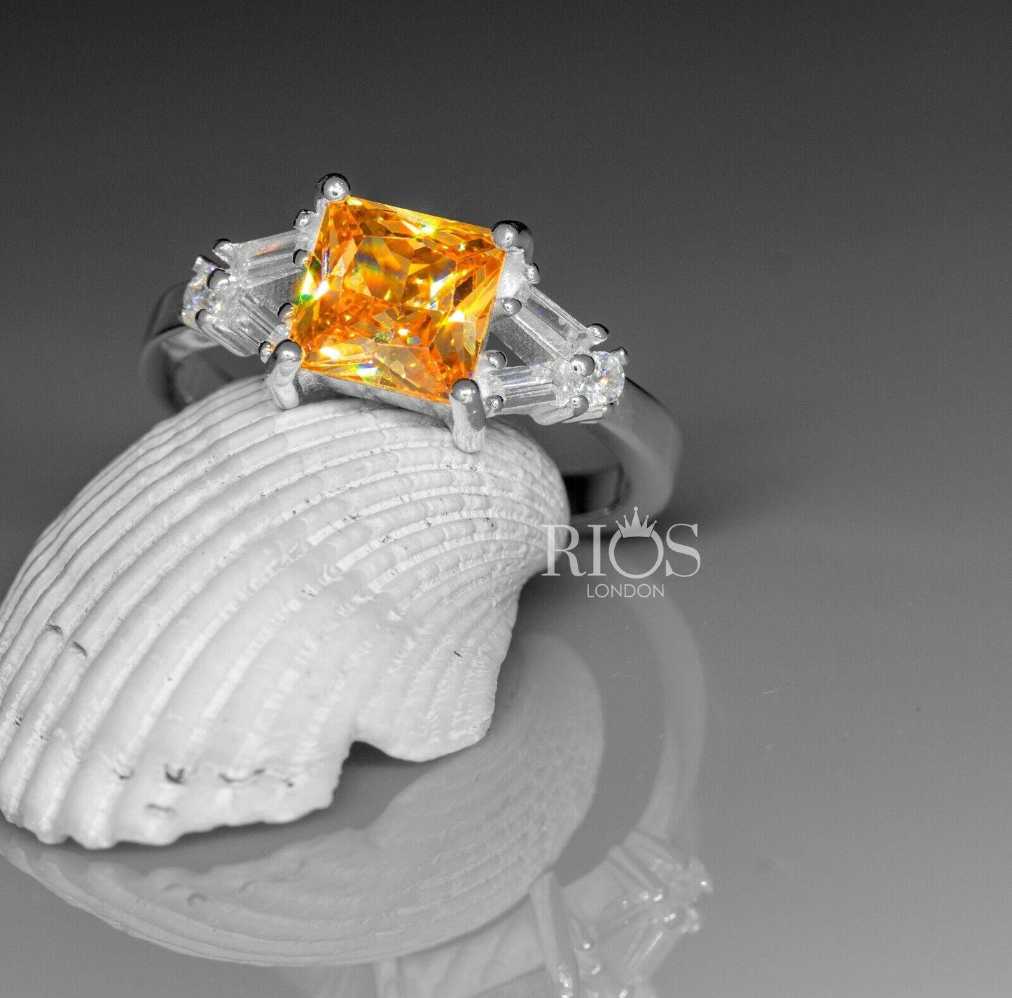 925 Sterling Silver Citrine Cushion Lab-Created Gemstone Ring Gift Boxed