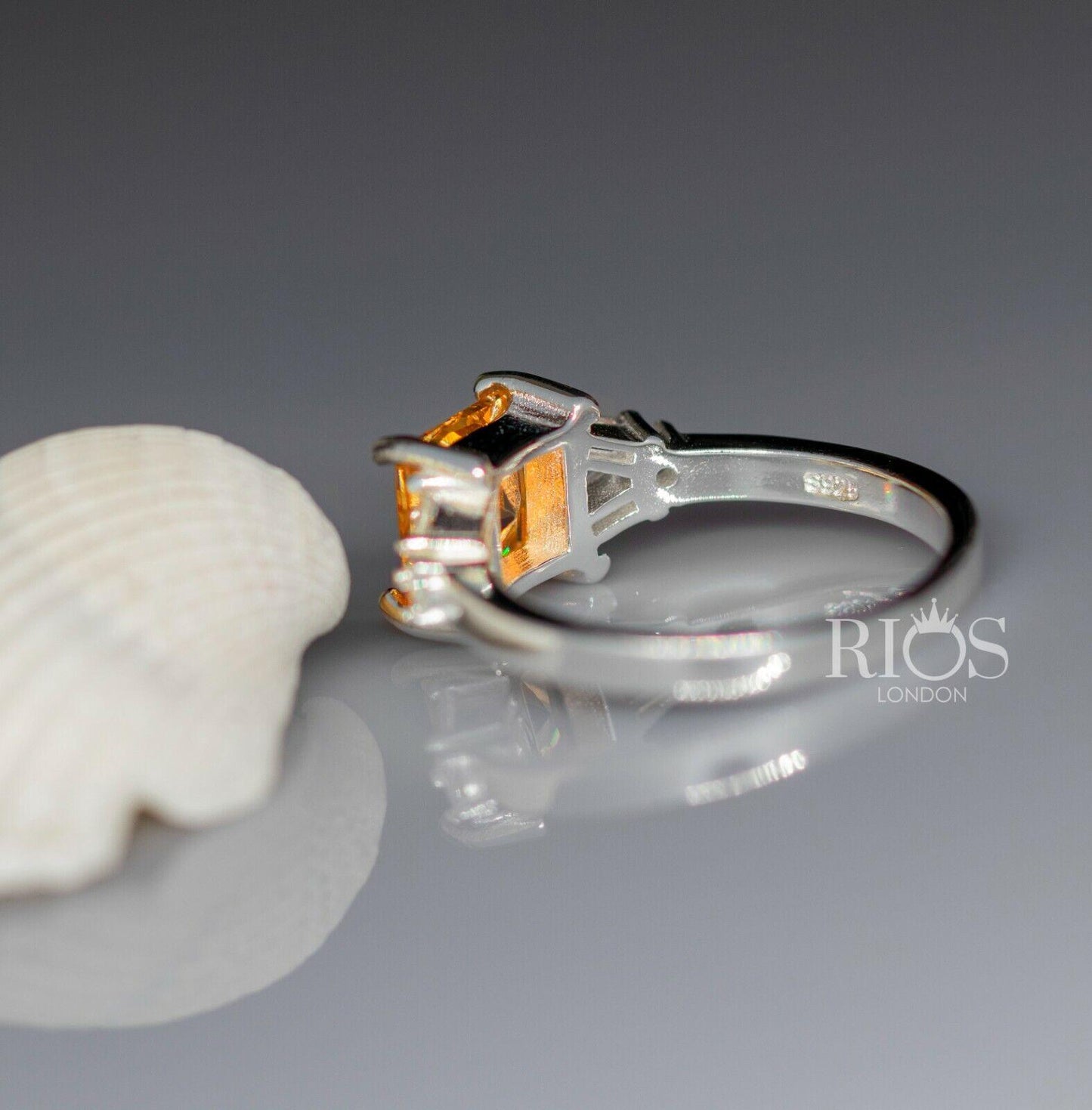 925 Sterling Silver Citrine Cushion Lab-Created Gemstone Ring Gift Boxed