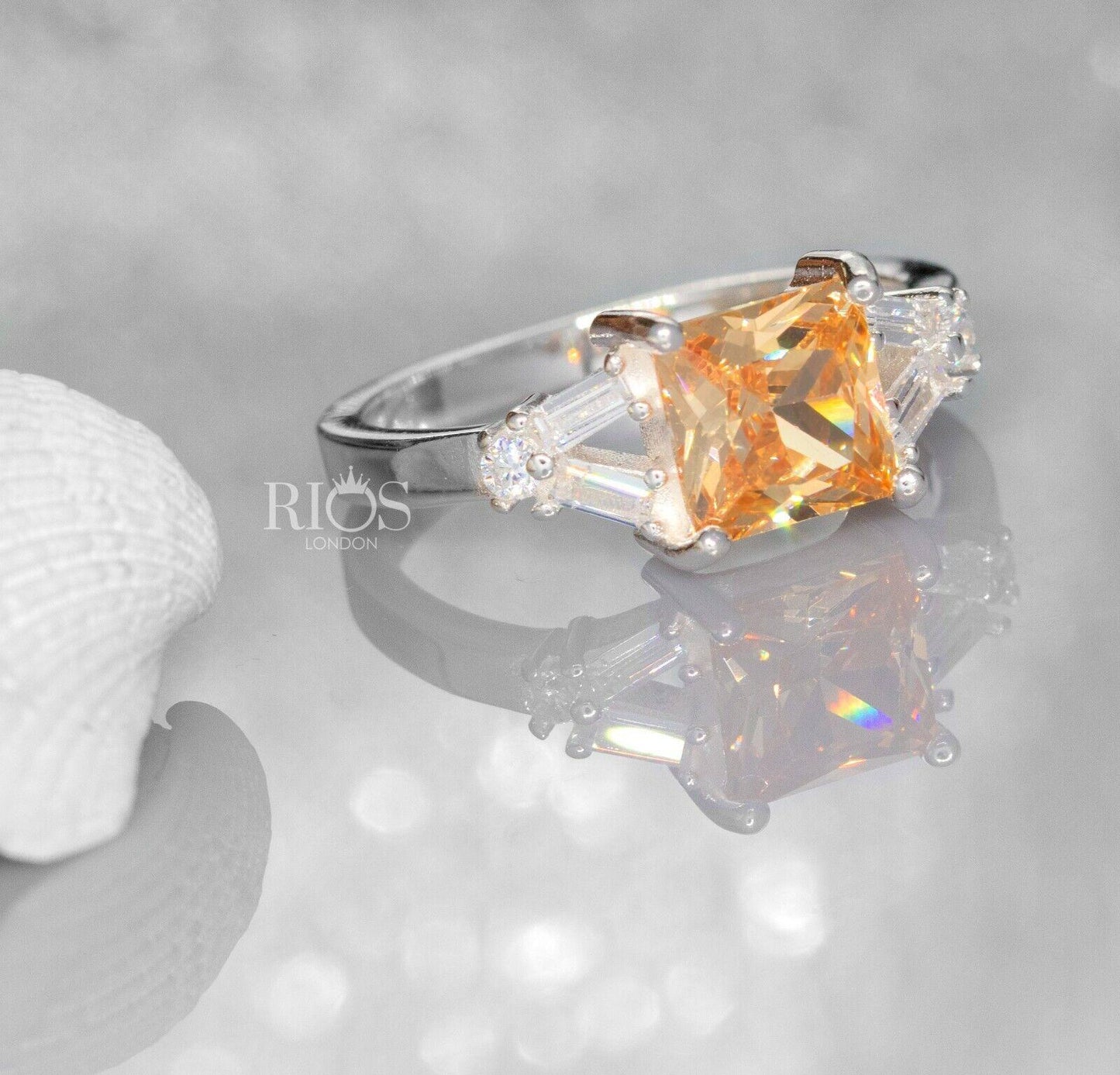 925 Sterling Silver Citrine Cushion Lab-Created Gemstone Ring Gift Boxed