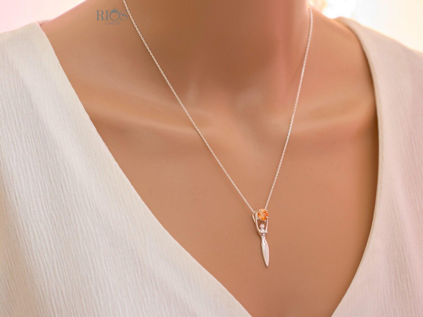 925 Sterling Silver Citrine Lady Sculpture Lab-Created Gemstone Necklace Boxed - Rios London