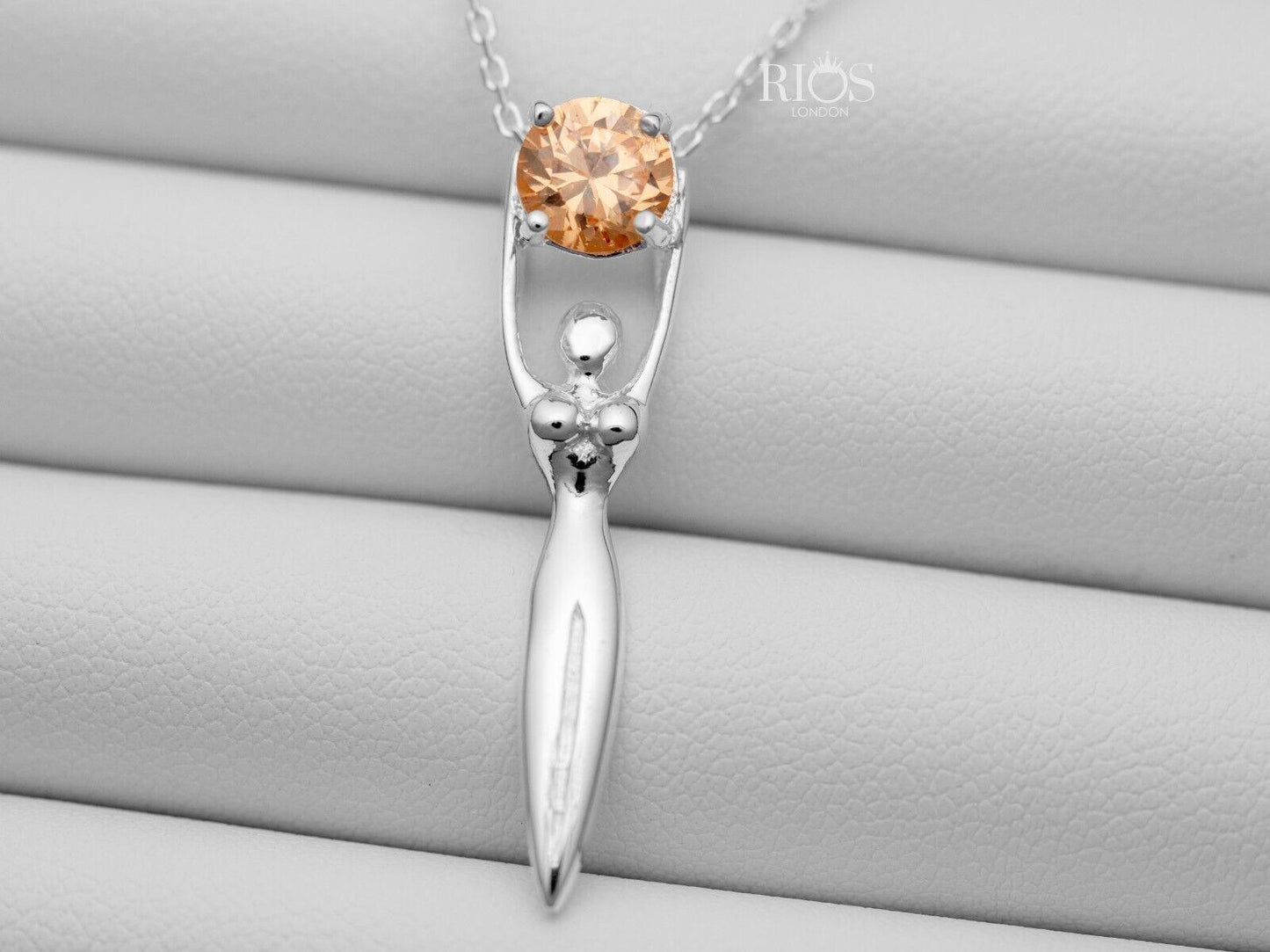 925 Sterling Silver Citrine Lady Sculpture Lab-Created Gemstone Necklace Boxed - Rios London