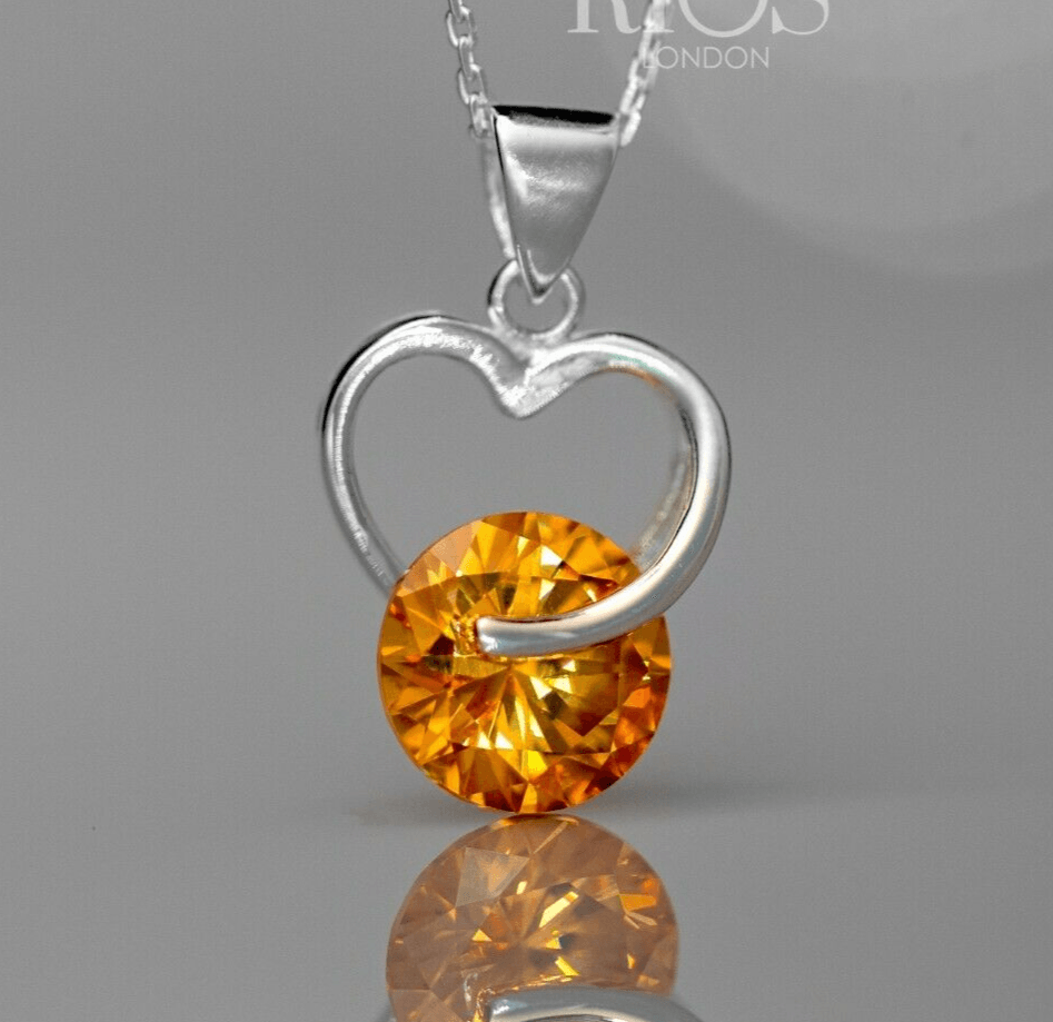925 Sterling Silver Citrine Orange Lab Created Gemstone Heart Necklace Boxed - Rios London