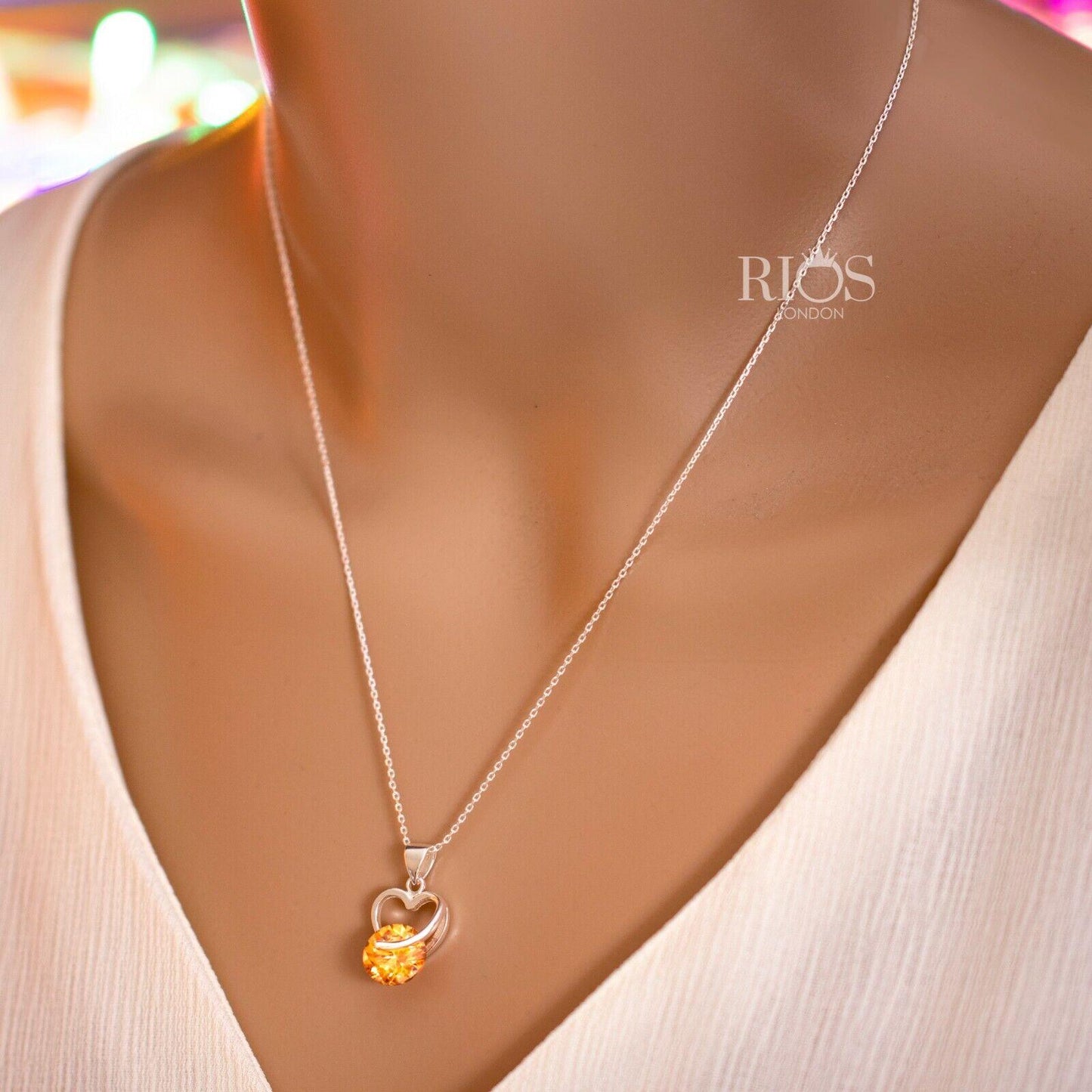 925 Sterling Silver Citrine Orange Lab Created Gemstone Heart Necklace Boxed - Rios London