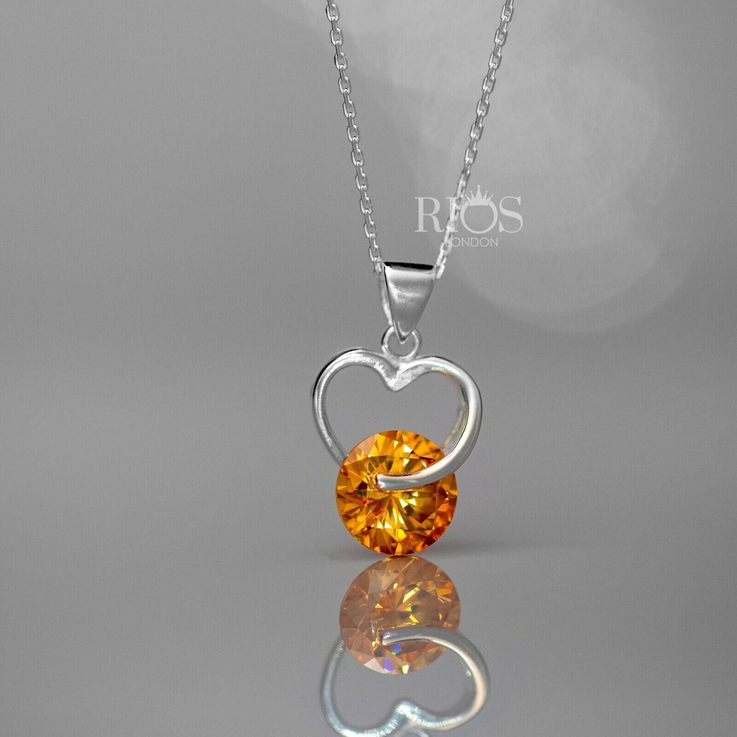 925 Sterling Silver Citrine Orange Lab Created Gemstone Heart Necklace Boxed - Rios London