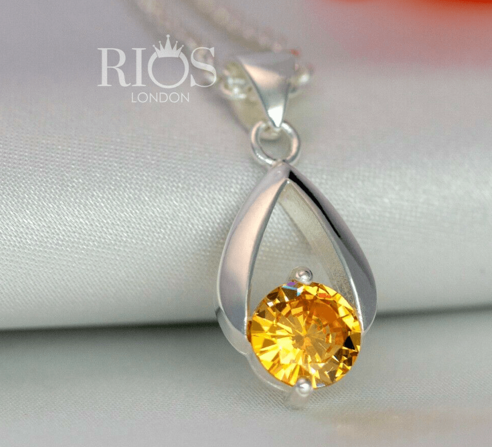925 Sterling Silver Citrine Orange Lab-Created Gemstone Necklace Gift Boxed - Rios London