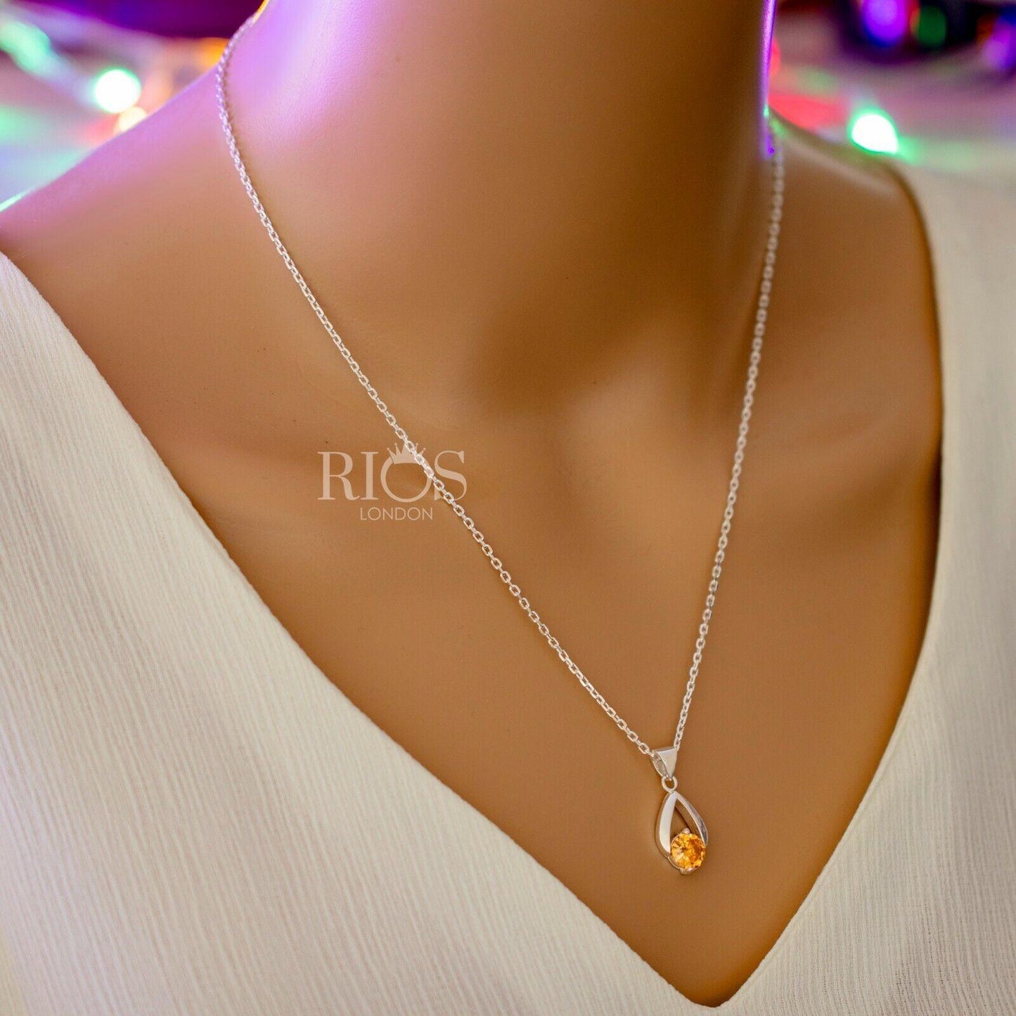 925 Sterling Silver Citrine Orange Lab-Created Gemstone Necklace Gift Boxed - Rios London