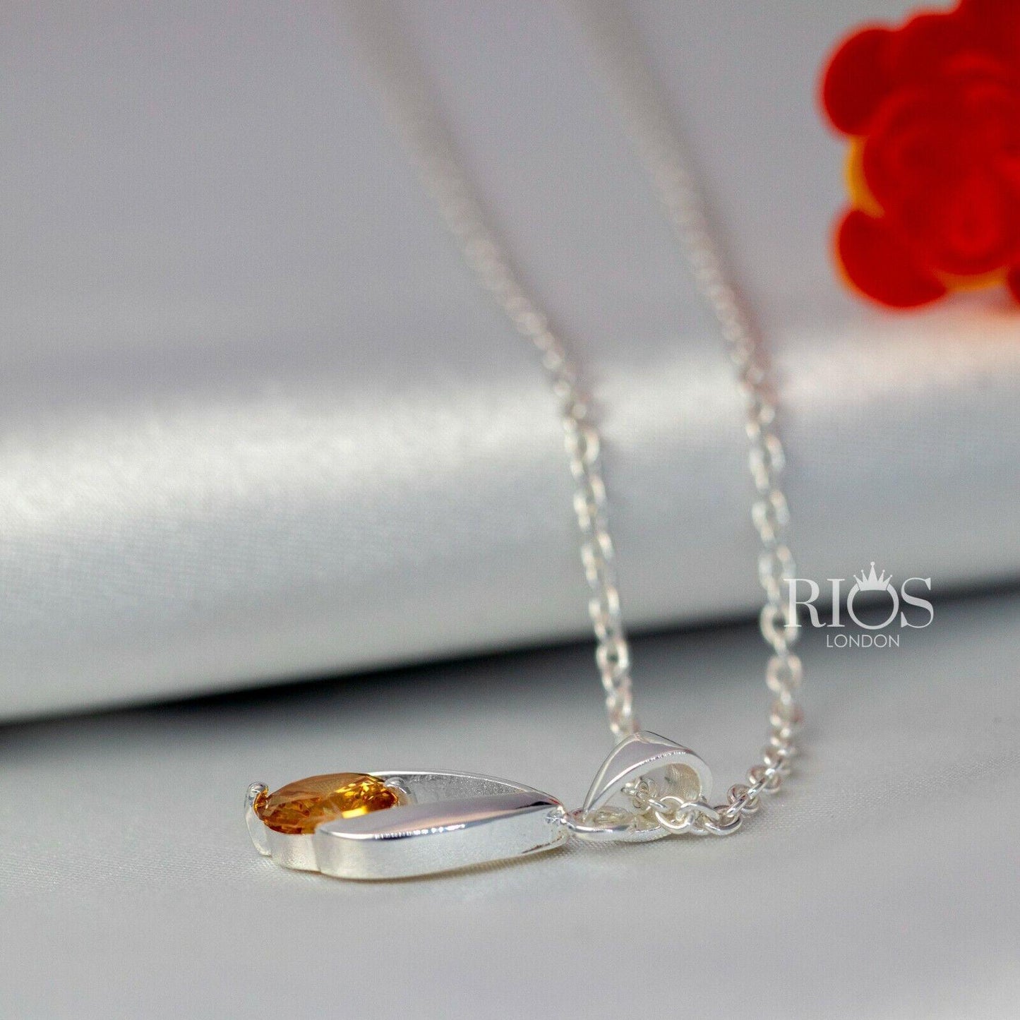 925 Sterling Silver Citrine Orange Lab-Created Gemstone Necklace Gift Boxed - Rios London