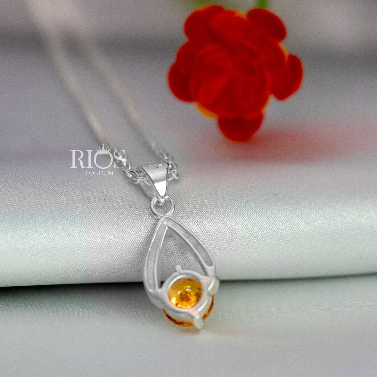 925 Sterling Silver Citrine Orange Lab-Created Gemstone Necklace Gift Boxed - Rios London