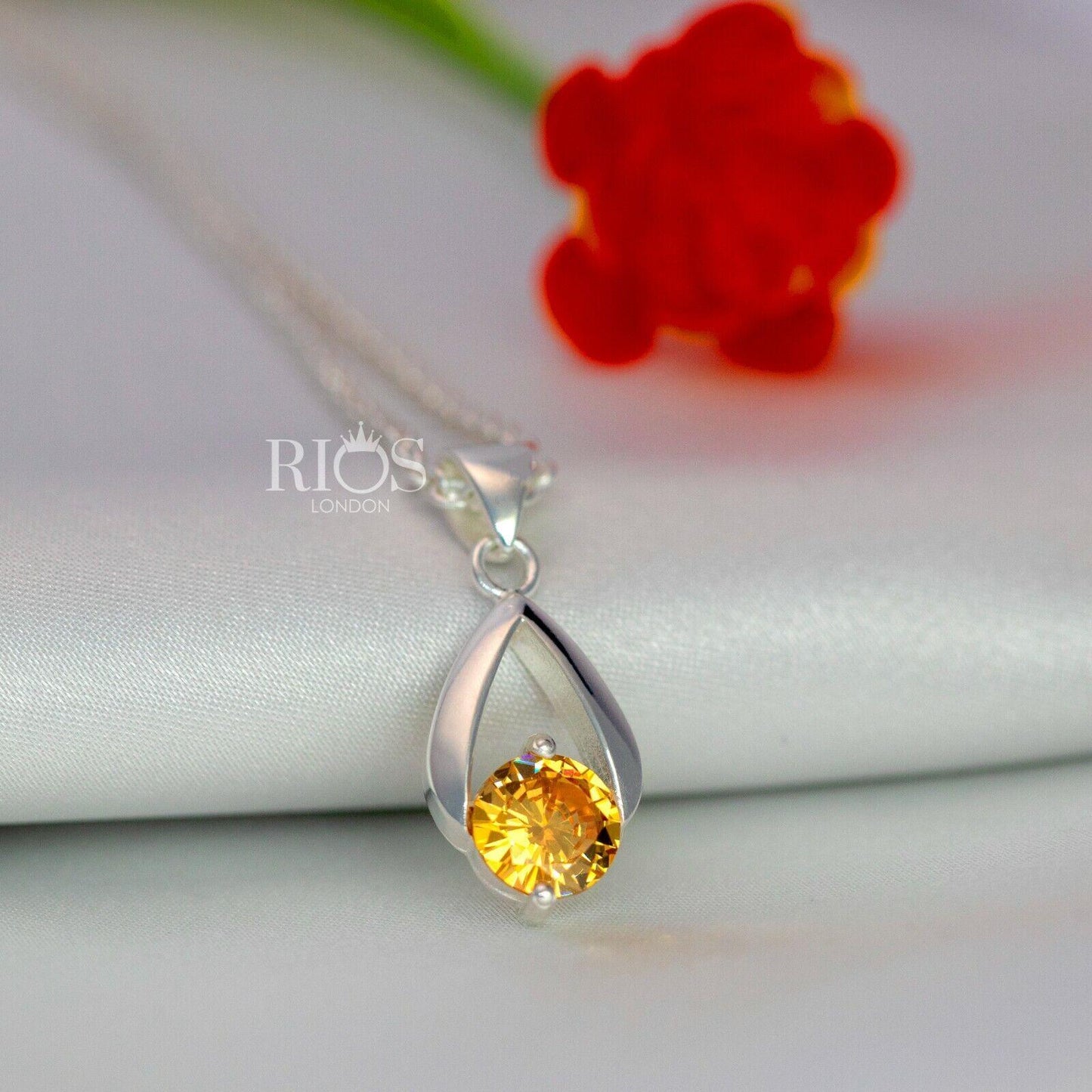 925 Sterling Silver Citrine Orange Lab-Created Gemstone Necklace Gift Boxed - Rios London