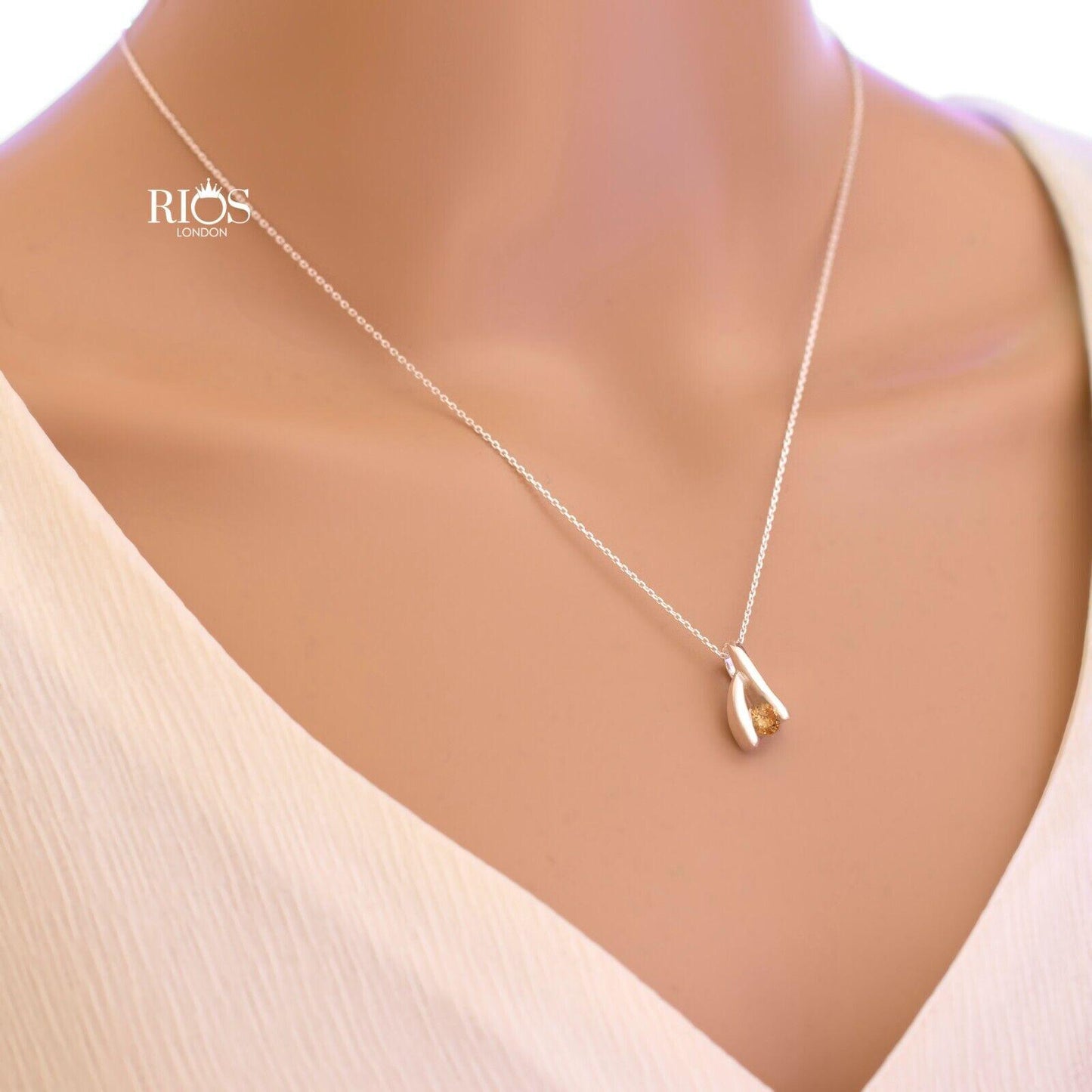 925 Sterling Silver Citrine Orange Lab-Created Gemstone Necklace Gift Boxed - Rios London