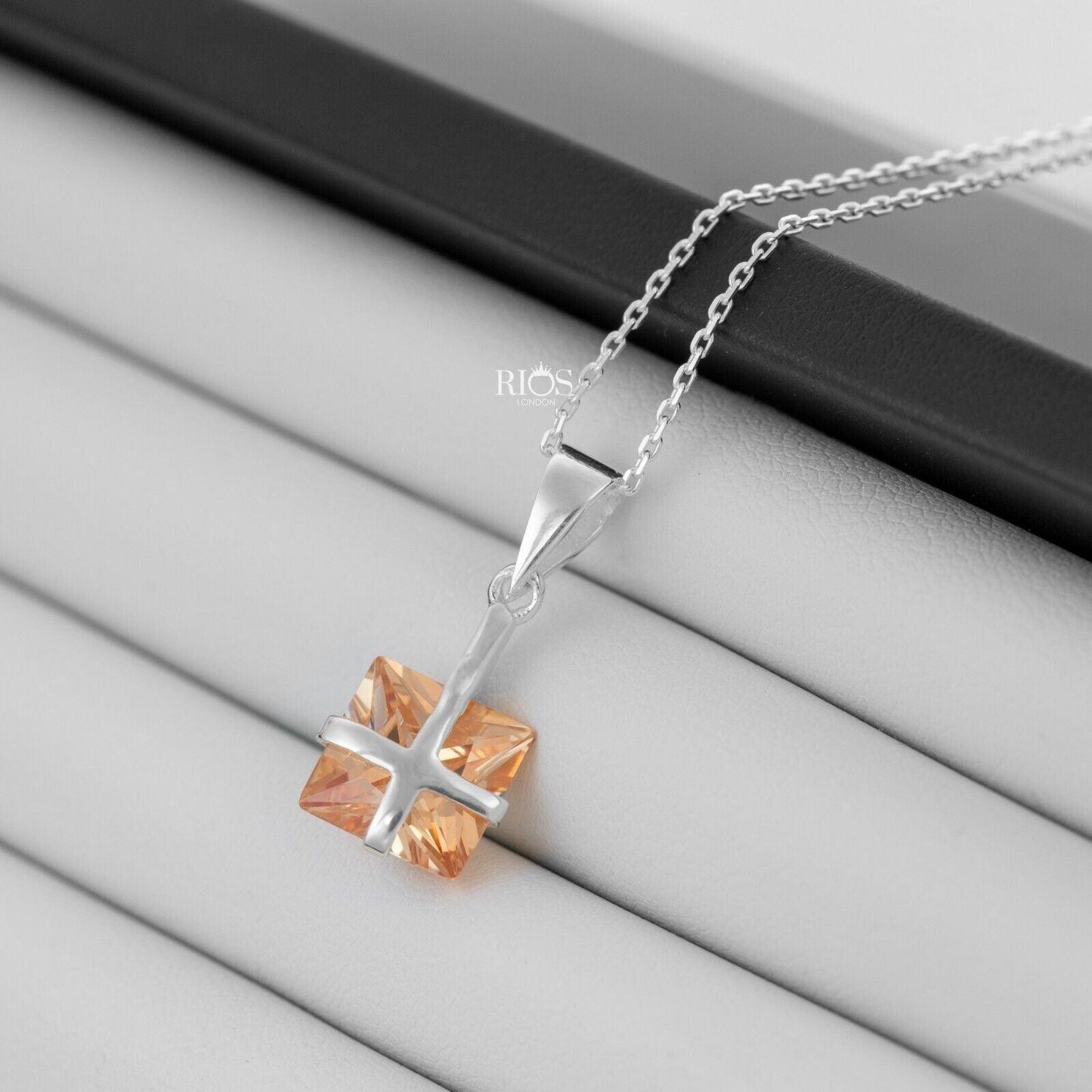 925 Sterling Silver Citrine Ribbon Design Necklace Lab-Created Gemstone Boxed