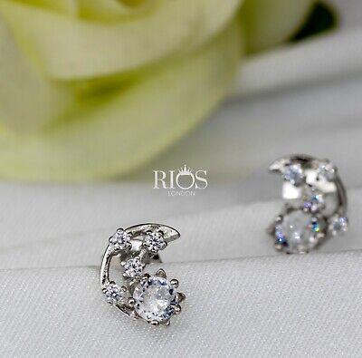 925 Sterling Silver Crescent Moon Star Cz Earrings Studs Gift Boxed - Rios London